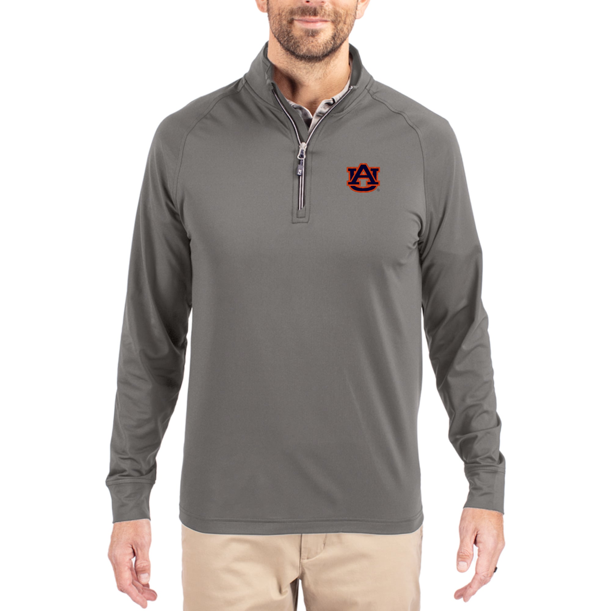 Men's Cutter & Buck Gray Auburn Tigers Primary Logo Adapt Eco Knit Stretch Raglan Quarter-Zip Pullover