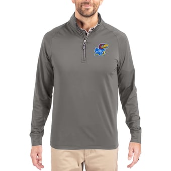 Men's Cutter & Buck Gray Kansas Jayhawks Primary Logo Adapt Eco Knit Stretch Raglan Quarter-Zip Pullover