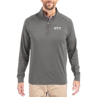 Men's Cutter & Buck Gray NYU Violets Primary Logo Adapt Eco Knit Stretch Raglan Quarter-Zip Pullover