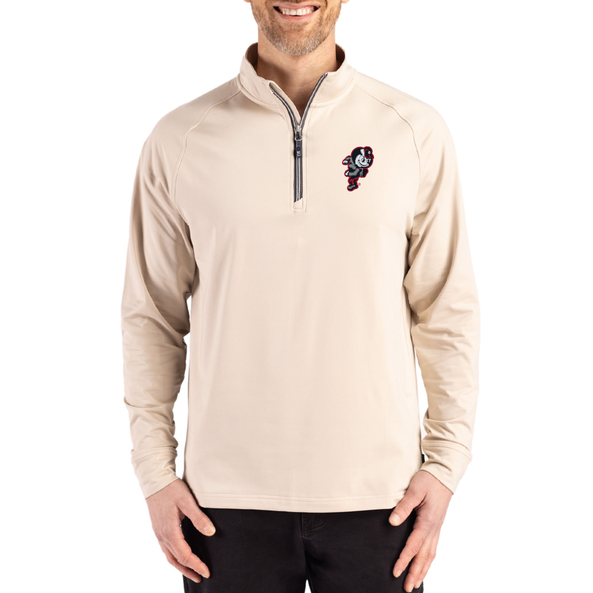 Men's Cutter & Buck Cream Ohio State Buckeyes Vault Logo Adapt Eco Knit Stretch Raglan Quarter-Zip Pullover