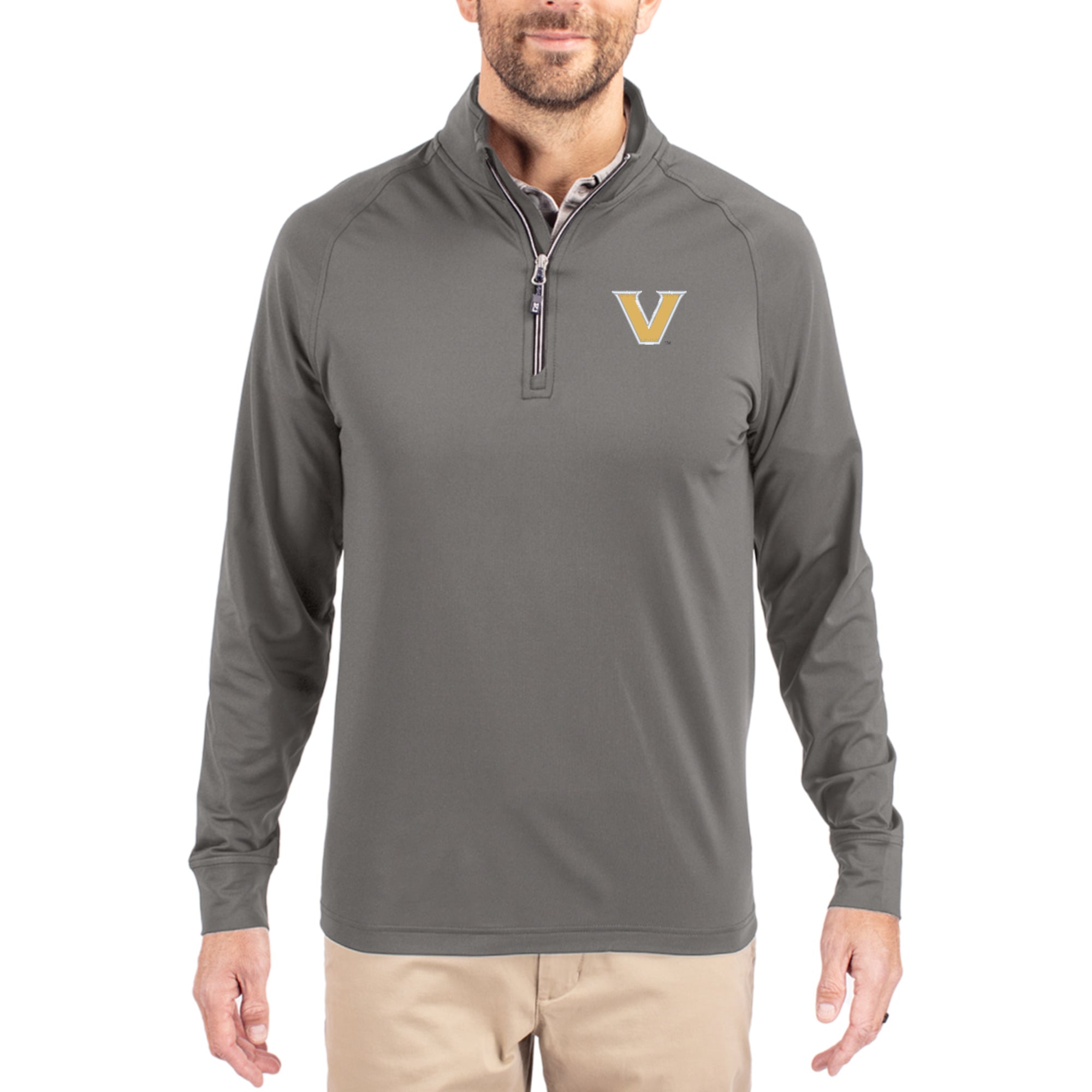 Men's Cutter & Buck Gray Vanderbilt Commodores Primary Logo Adapt Eco Knit Stretch Raglan Quarter-Zip Pullover