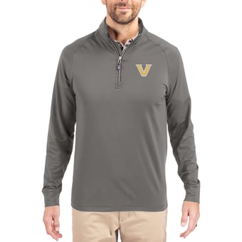 Men's Cutter & Buck Gray Vanderbilt Commodores Primary Logo Adapt Eco Knit Stretch Raglan Quarter-Zip Pullover