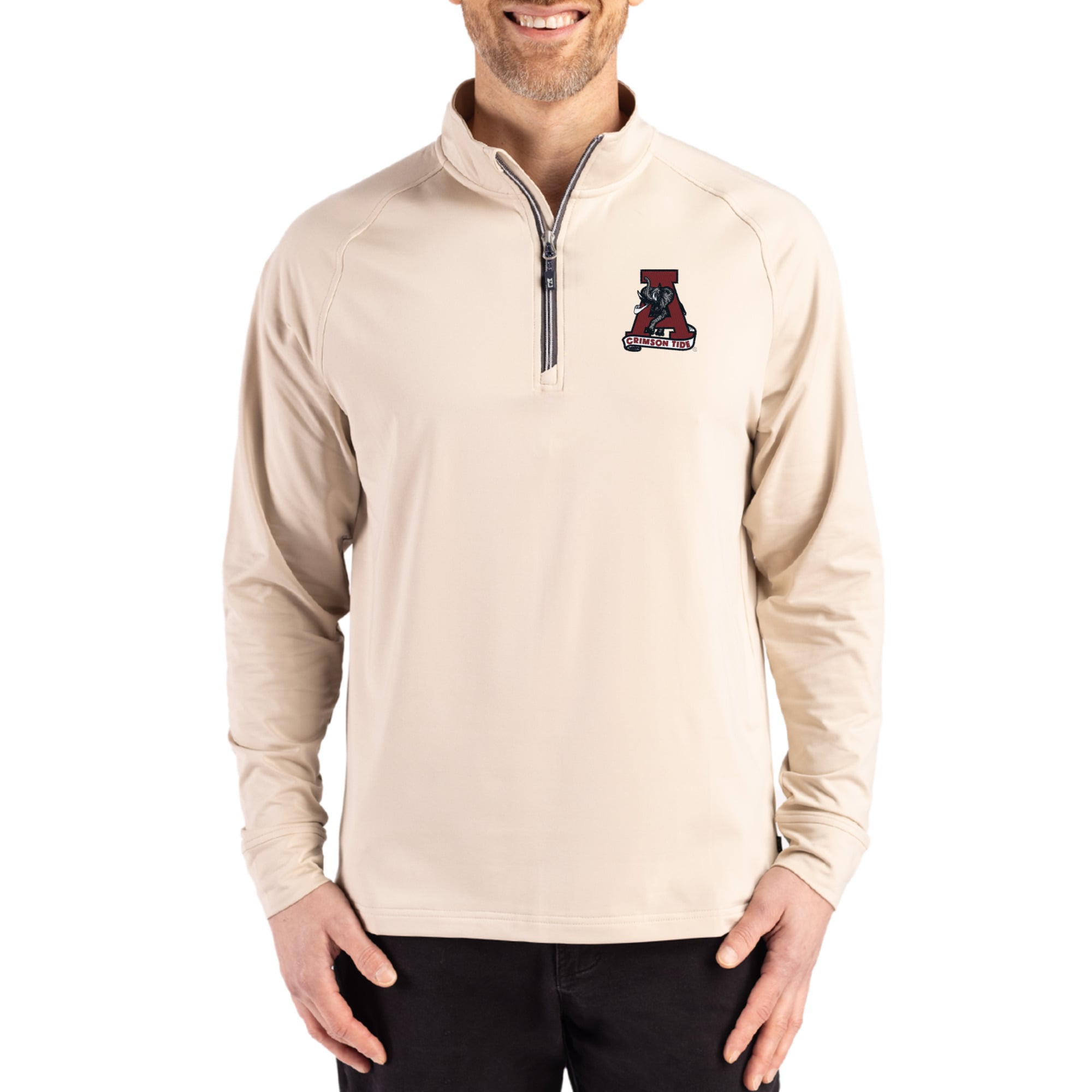 Men's Cutter & Buck Cream Alabama Crimson Tide Vault Logo Adapt Eco Knit Stretch Raglan Quarter-Zip Pullover