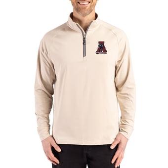Men's Cutter & Buck Cream Alabama Crimson Tide Vault Logo Adapt Eco Knit Stretch Raglan Quarter-Zip Pullover