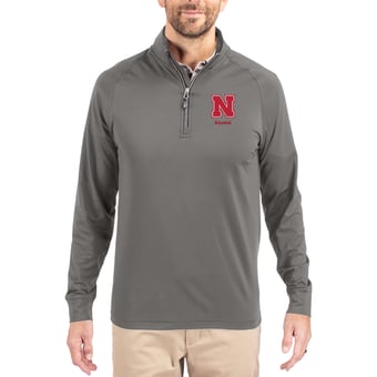 Men's Cutter & Buck Gray Nebraska Huskers Alumni Logo Adapt Eco Knit Stretch Raglan Quarter-Zip Pullover