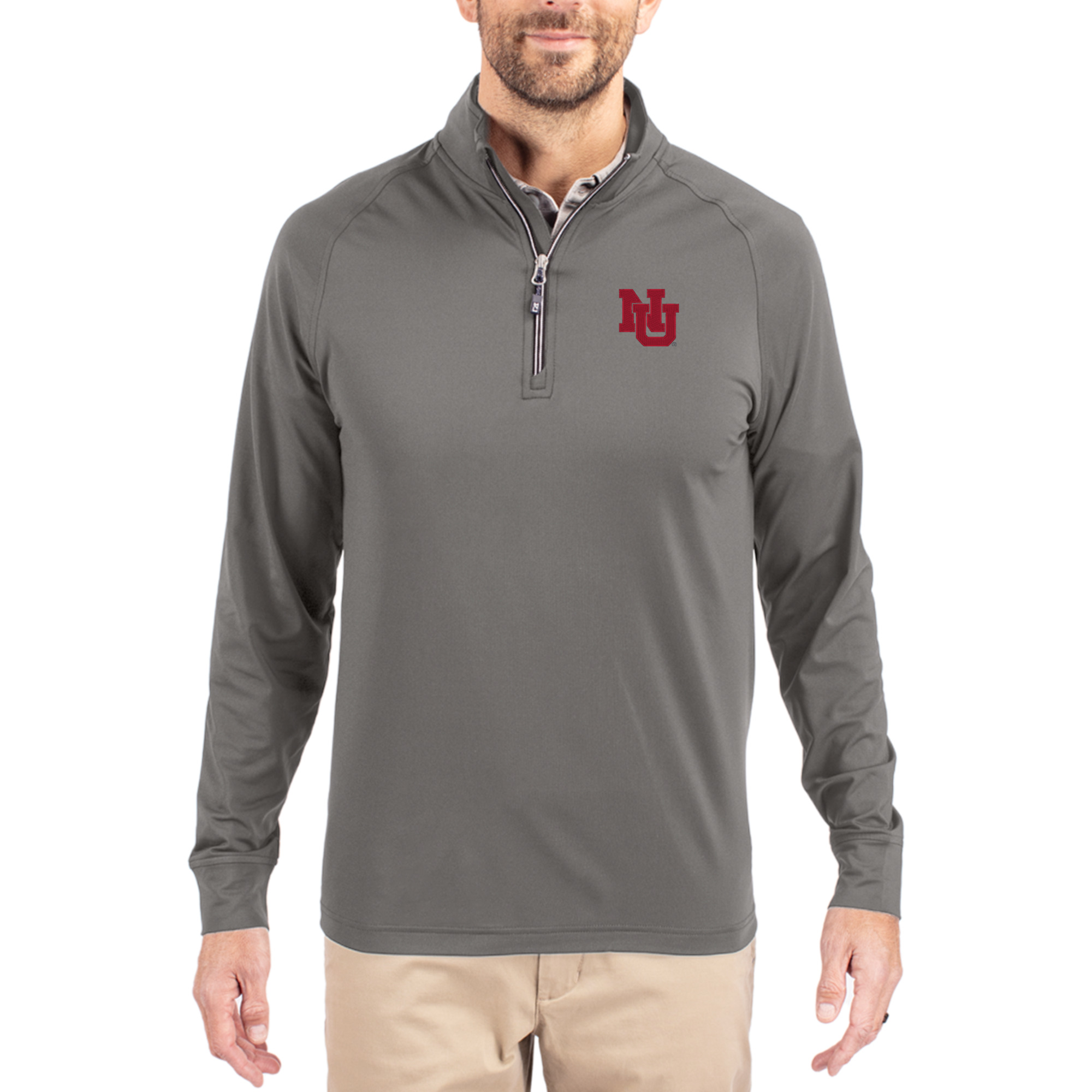 Men's Cutter & Buck Gray Nebraska Huskers Vault Logo Adapt Eco Knit Stretch Raglan Quarter-Zip Pullover