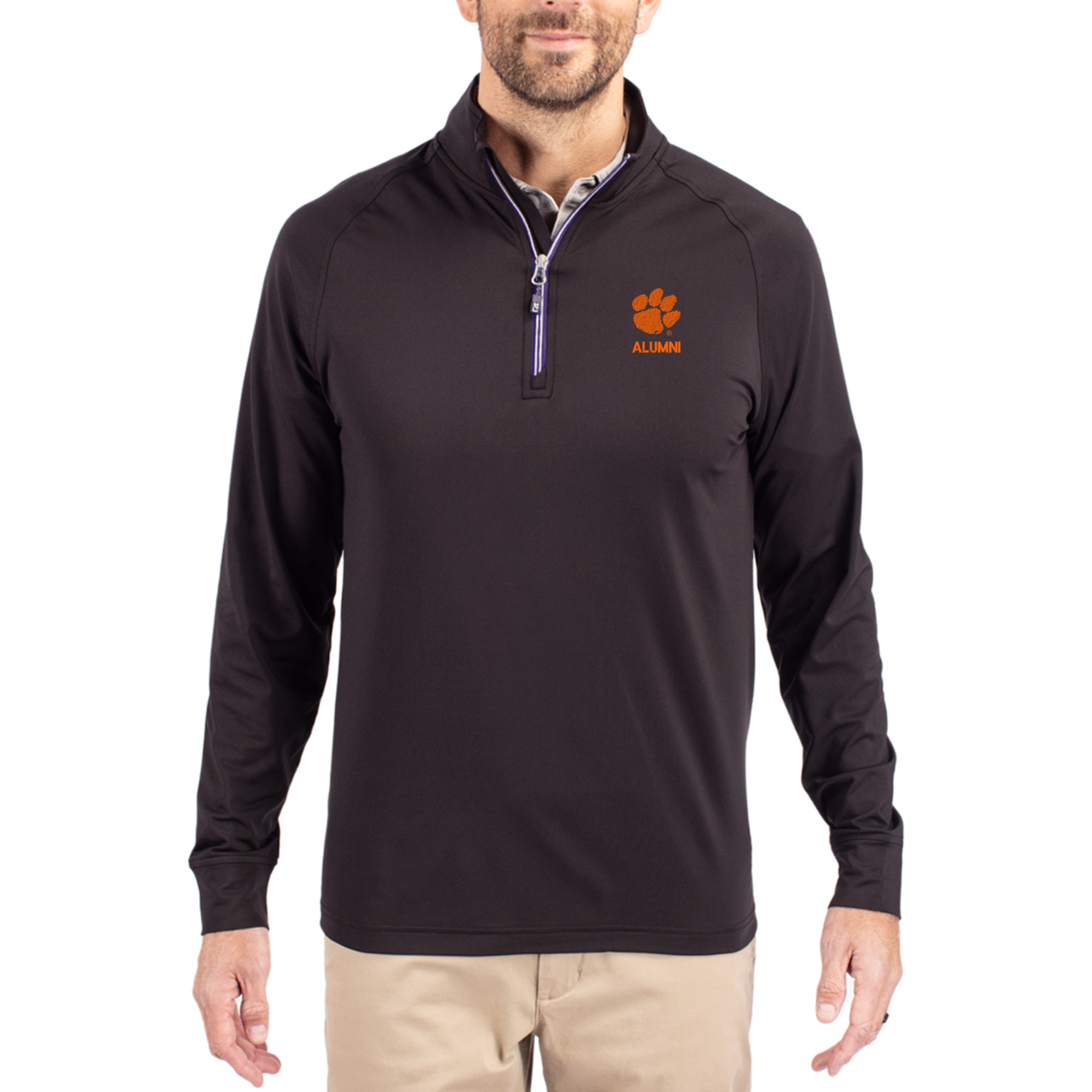 Men's Cutter & Buck Black Clemson Tigers Alumni Logo Adapt Eco Knit Stretch Raglan Quarter-Zip Pullover