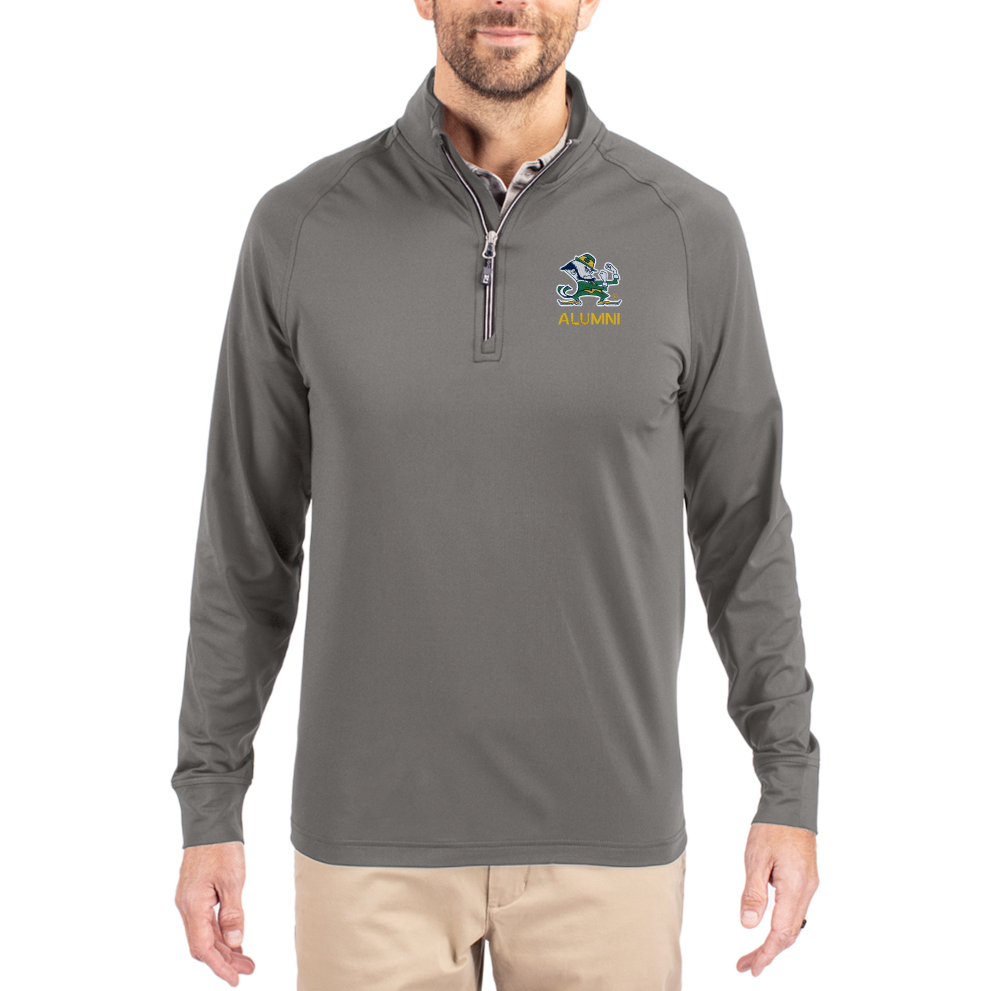 Men's Cutter & Buck Gray Notre Dame Fighting Irish Alumni Logo Adapt Eco Knit Stretch Raglan Quarter-Zip Pullover