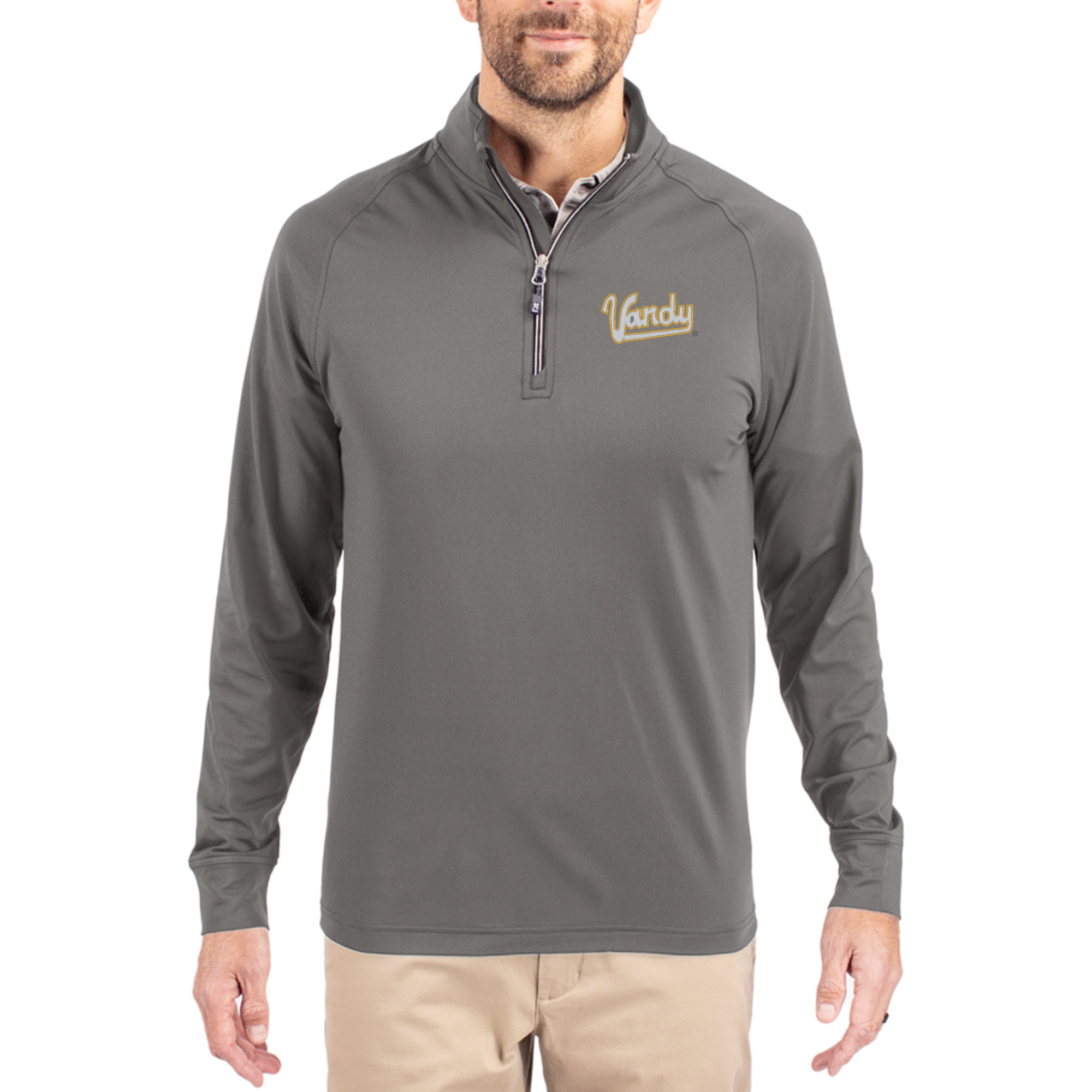 Men's Cutter & Buck Gray Vanderbilt Commodores Vault Logo Adapt Eco Knit Stretch Raglan Quarter-Zip Pullover