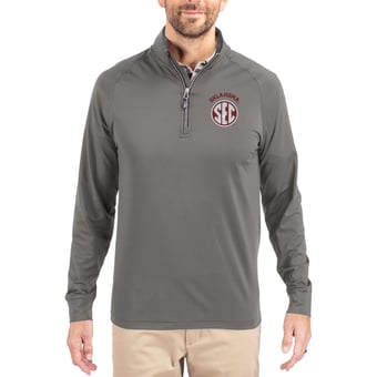 Men's Cutter & Buck Gray Oklahoma Sooners SEC Logo Adapt Eco Knit Stretch Raglan Quarter-Zip Pullover