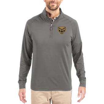 Men's Cutter & Buck Gray Oakland Golden Grizzlies Primary Logo Adapt Eco Knit Stretch Raglan Quarter-Zip Pullover