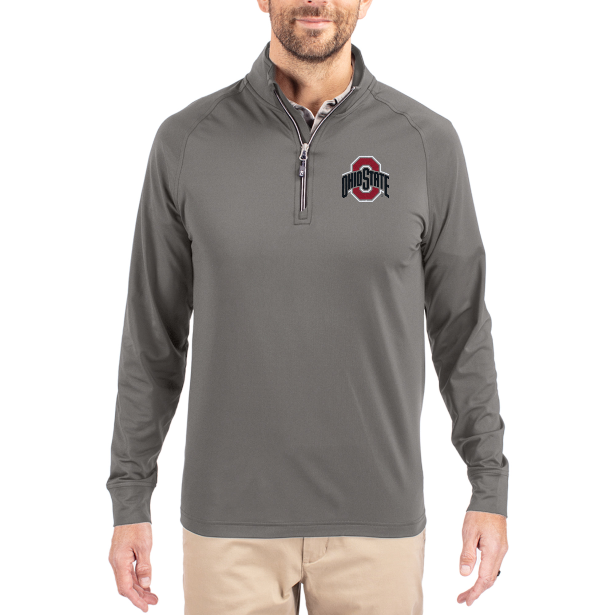 Men's Cutter & Buck Gray Ohio State Buckeyes Primary Logo Adapt Eco Knit Stretch Raglan Quarter-Zip Pullover