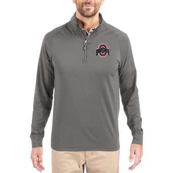 Men's Cutter & Buck Gray Ohio State Buckeyes Primary Logo Adapt Eco Knit Stretch Raglan Quarter-Zip Pullover