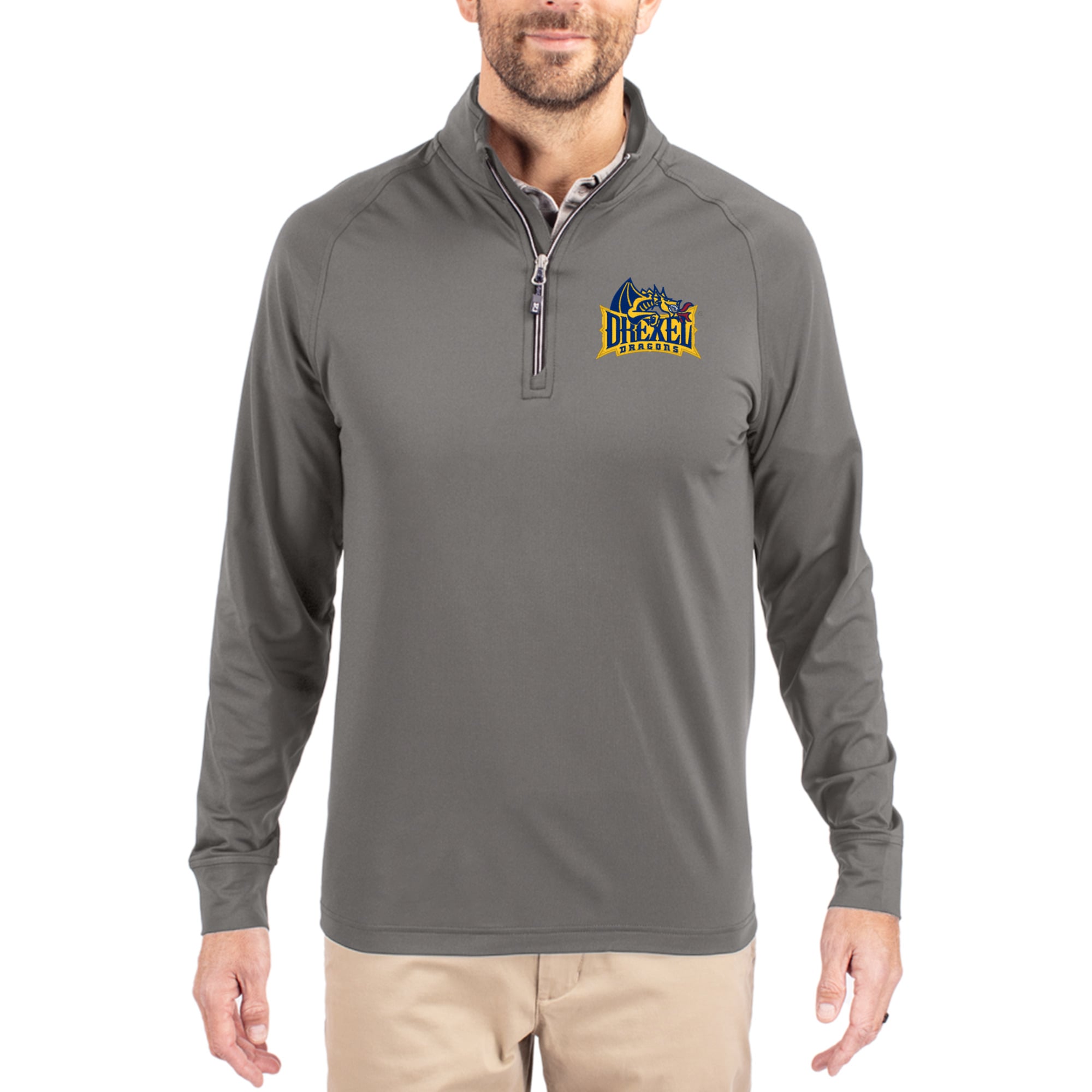 Men's Cutter & Buck Gray Drexel Dragons Primary Logo Adapt Eco Knit Stretch Raglan Quarter-Zip Pullover