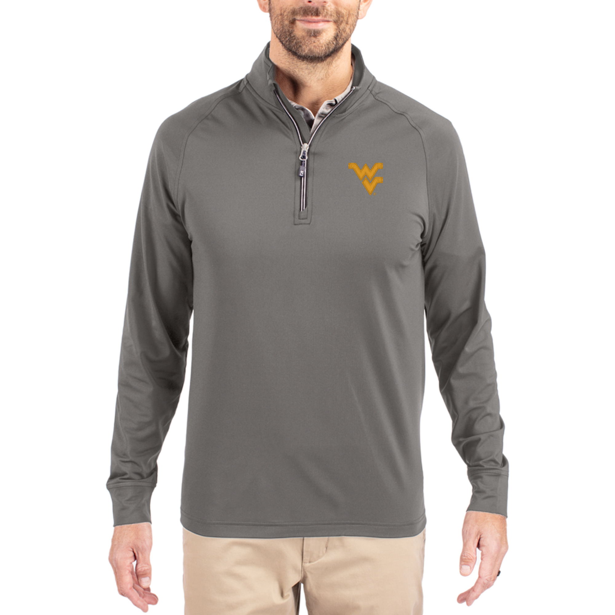 Men's Cutter & Buck Gray West Virginia Mountaineers Primary Logo Adapt Eco Knit Stretch Raglan Quarter-Zip Pullover
