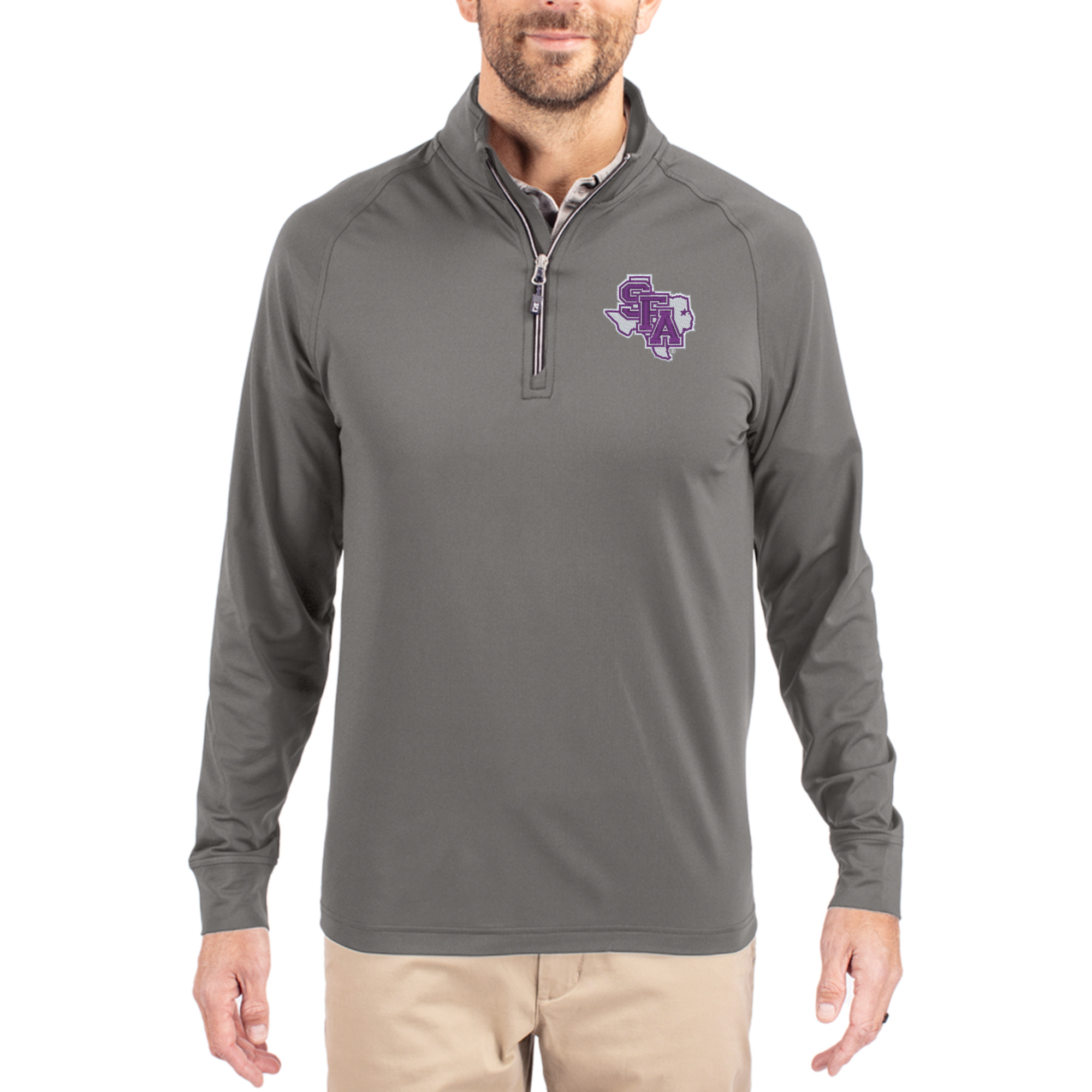 Men's Cutter & Buck Gray Stephen F Austin Lumberjacks Primary Logo Adapt Eco Knit Stretch Raglan Quarter-Zip Pullover