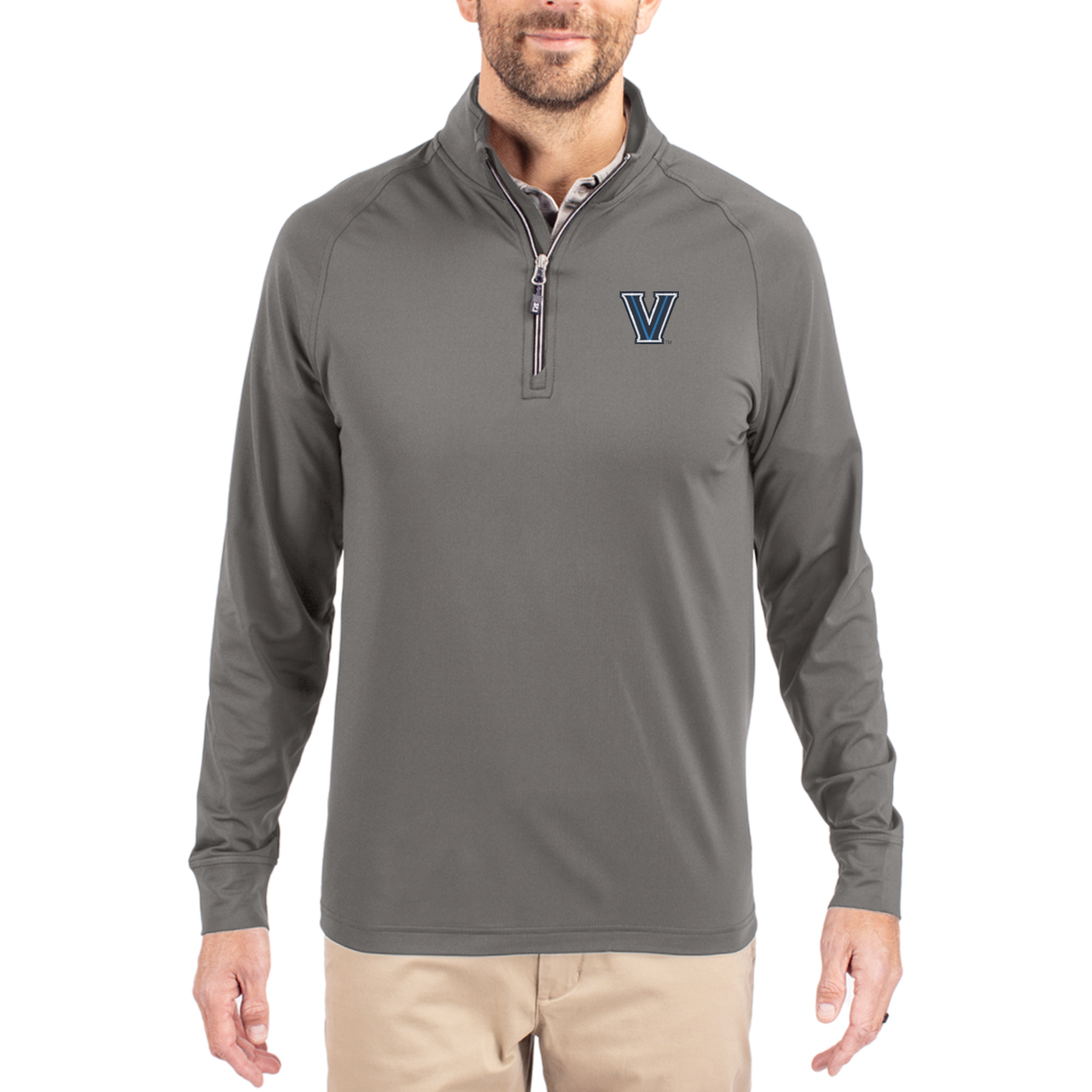 Men's Cutter & Buck Gray Villanova Wildcats Primary Logo Adapt Eco Knit Stretch Raglan Quarter-Zip Pullover