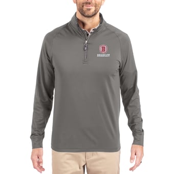 Men's Cutter & Buck Gray Bradley Braves Primary Logo Adapt Eco Knit Stretch Raglan Quarter-Zip Pullover