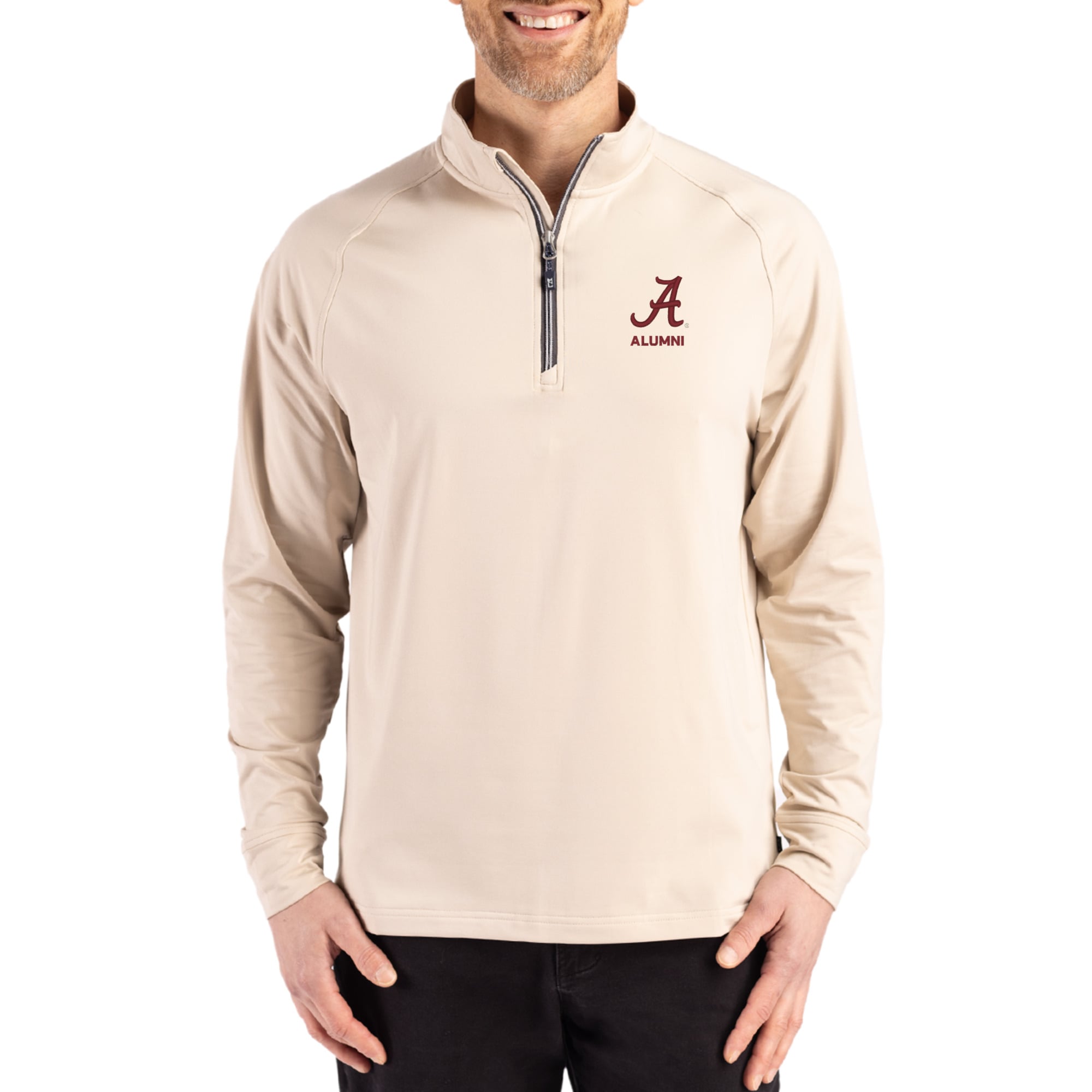 Men's Cutter & Buck Cream Alabama Crimson Tide Alumni Logo Adapt Eco Knit Stretch Raglan Quarter-Zip Pullover