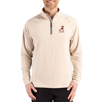 Men's Cutter & Buck Cream Alabama Crimson Tide Alumni Logo Adapt Eco Knit Stretch Raglan Quarter-Zip Pullover