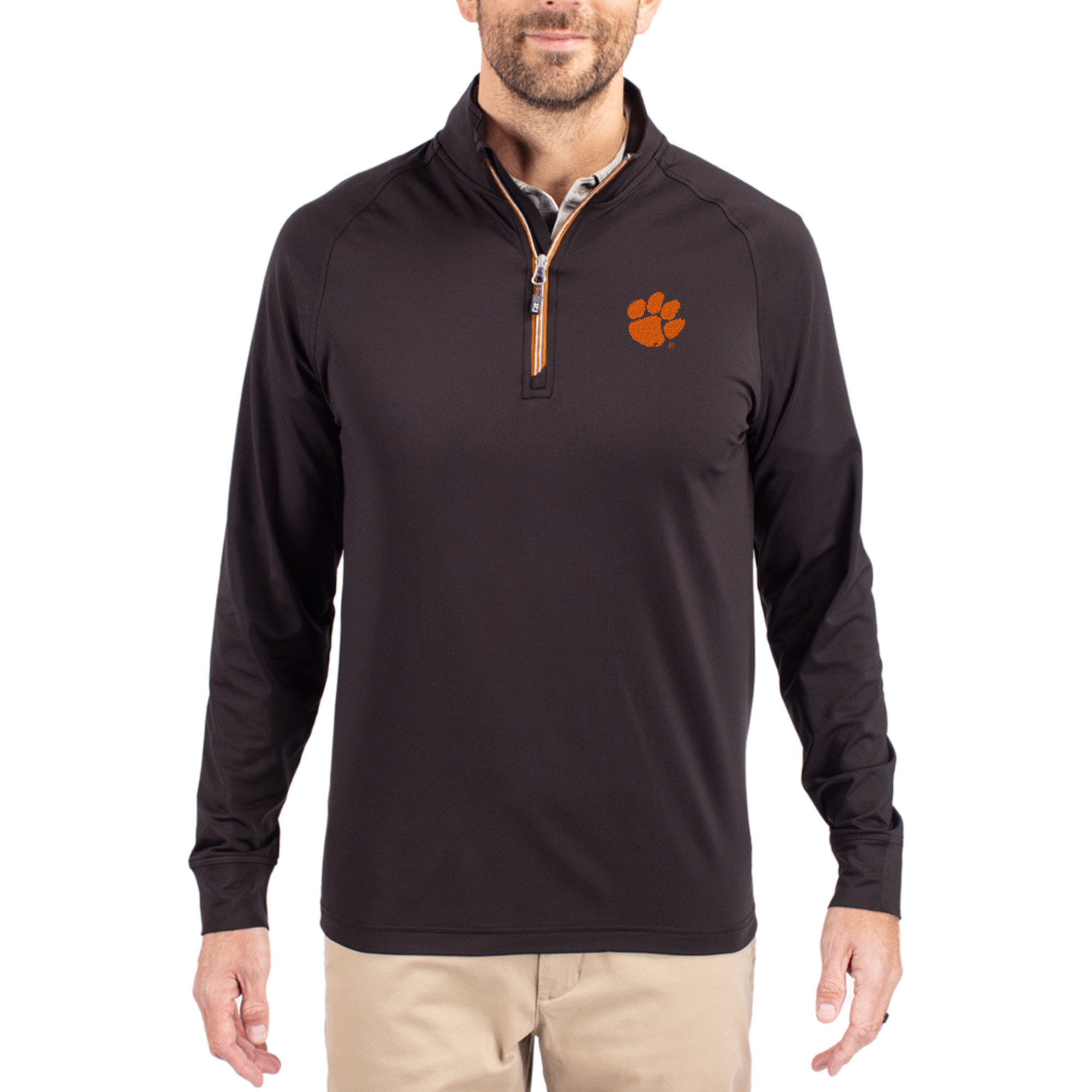 Men's Cutter & Buck Black Clemson Tigers Primary Logo Adapt Eco Knit Stretch Raglan Quarter-Zip Pullover