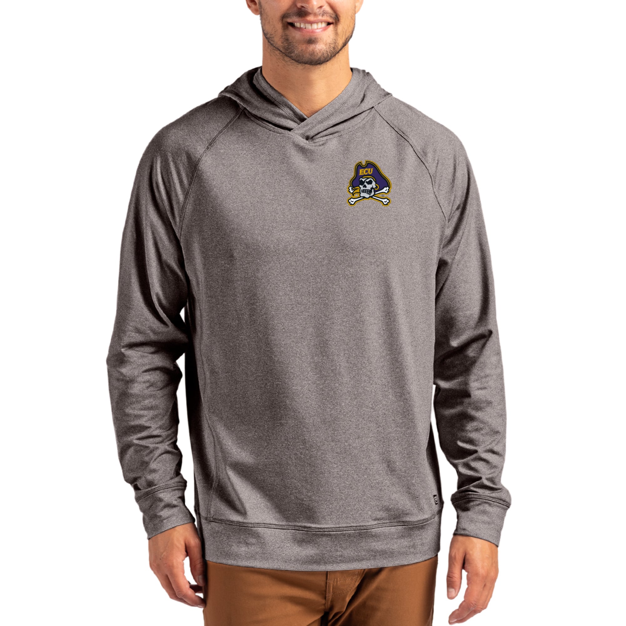 Men's Cutter & Buck Heather Charcoal ECU Pirates Primary Logo Adapt Knit Raglan Pullover Hoodie