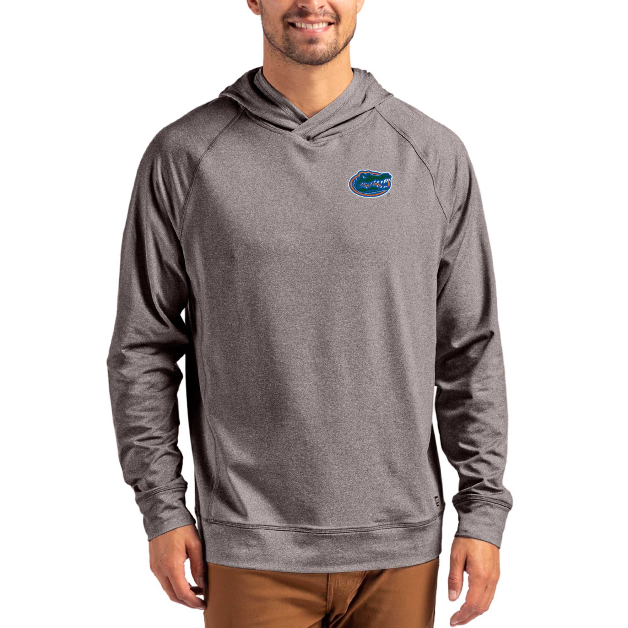 Men's Cutter & Buck Heather Charcoal Florida Gators Primary Logo Adapt Knit Raglan Pullover Hoodie