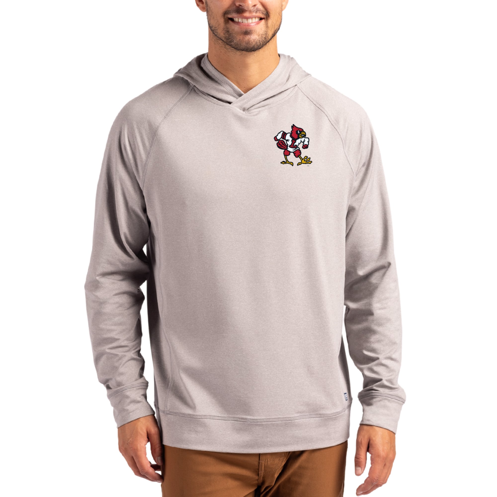 Men's Cutter & Buck Heather Gray Louisville Cardinals Vault Logo Adapt Knit Raglan Pullover Hoodie