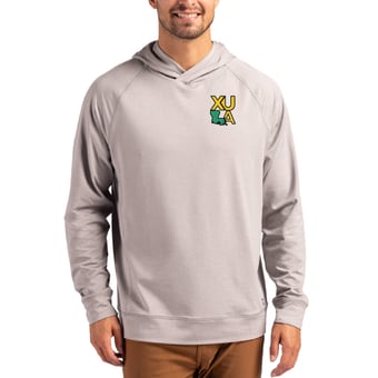 Men's Cutter & Buck Heather Gray Xavier University of Louisiana Gold Rush Primary Logo Adapt Knit Raglan Pullover Hoodie