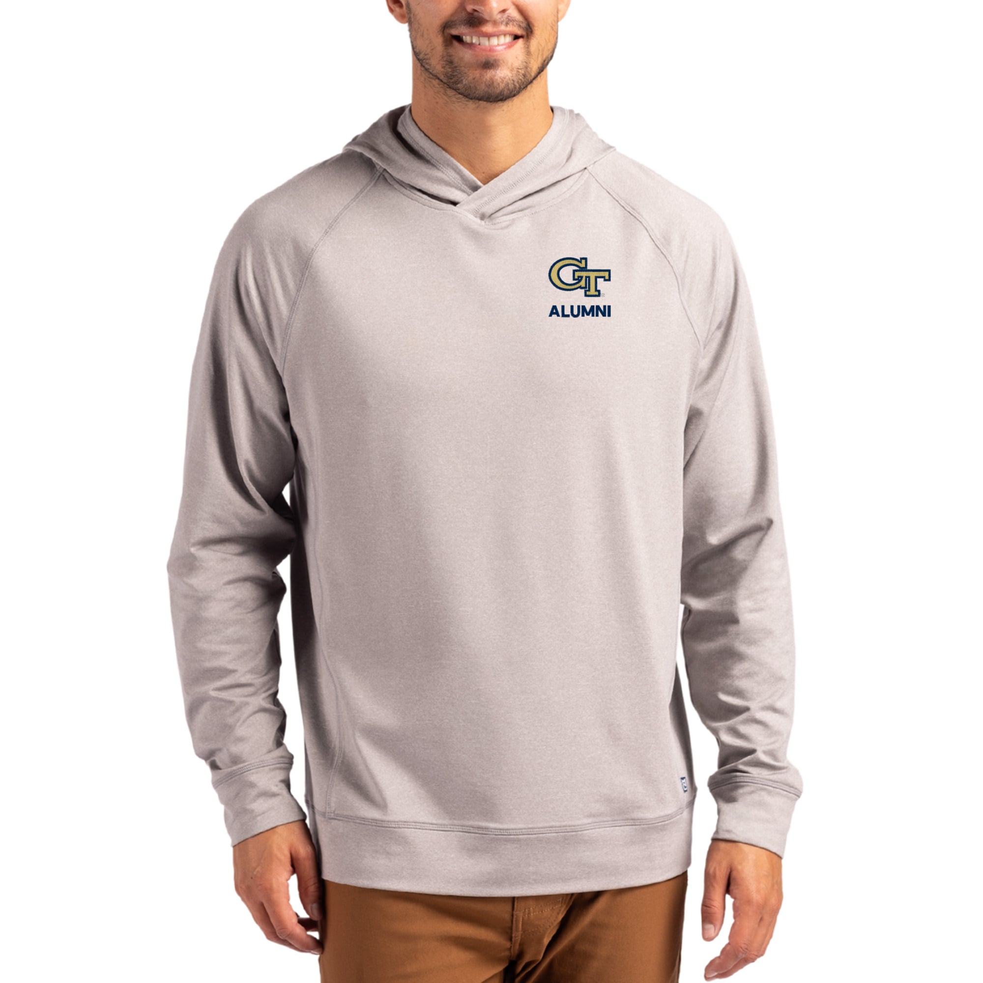 Men's Cutter & Buck Heather Gray Georgia Tech Yellow Jackets Alumni Logo Adapt Knit Raglan Pullover Hoodie