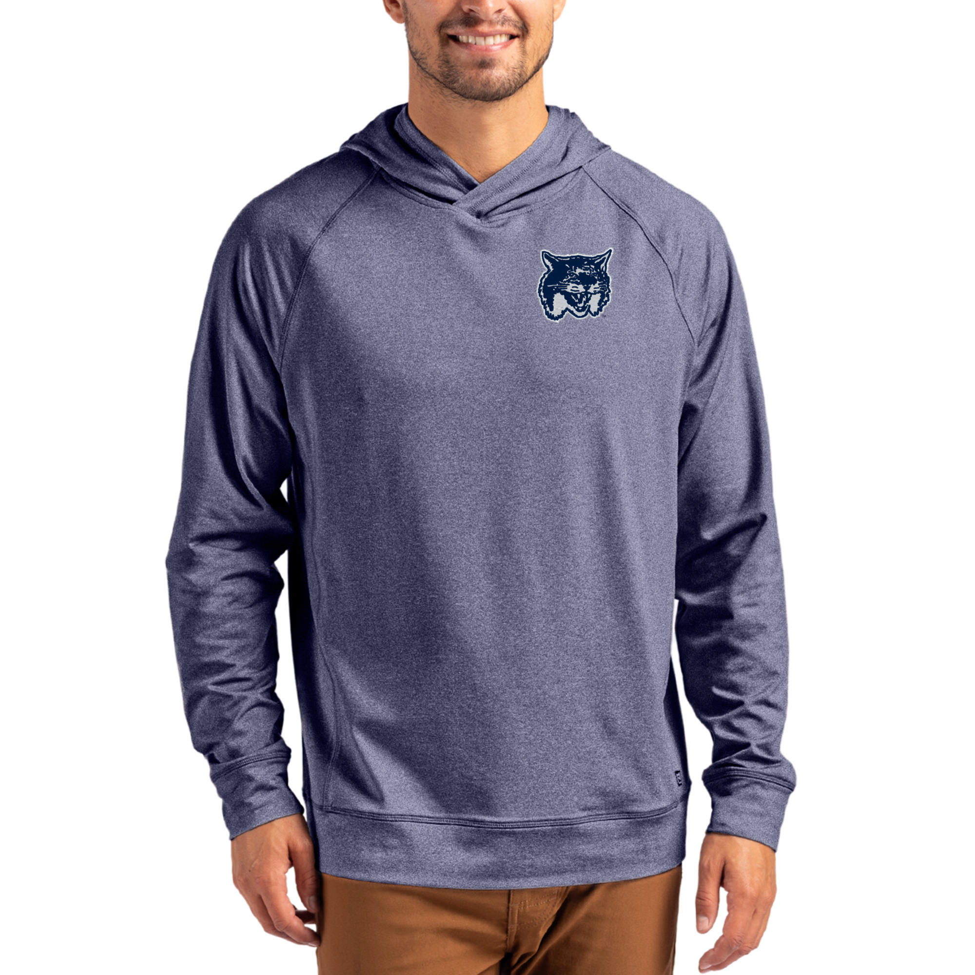 Men's Cutter & Buck Heather Navy New Hampshire Wildcats Vault Logo Adapt Knit Raglan Pullover Hoodie
