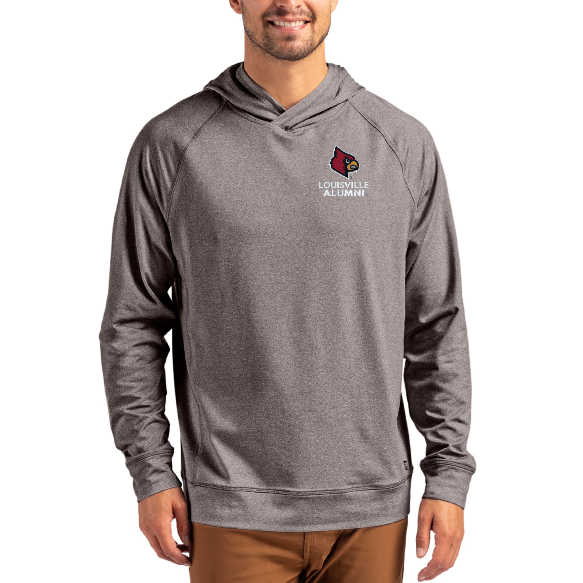Men's Cutter & Buck Heather Charcoal Louisville Cardinals Alumni Logo Adapt Knit Raglan Pullover Hoodie