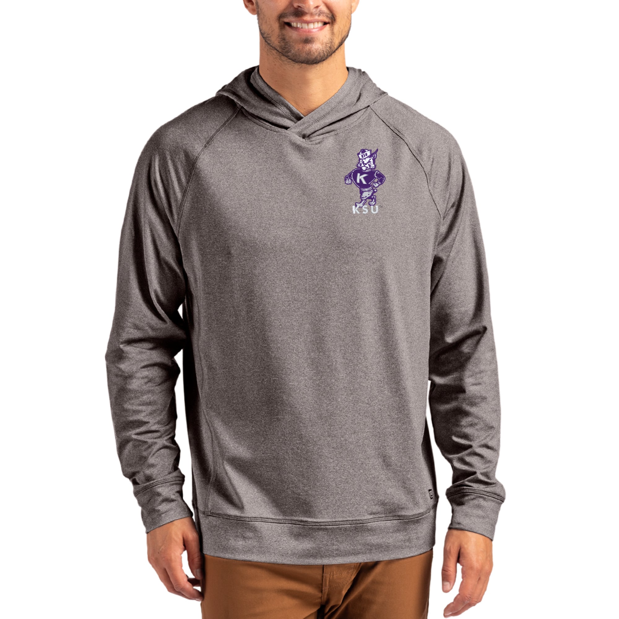 Men's Cutter & Buck Heather Charcoal Kansas State Wildcats 194465 Logo Adapt Knit Raglan Pullover Hoodie