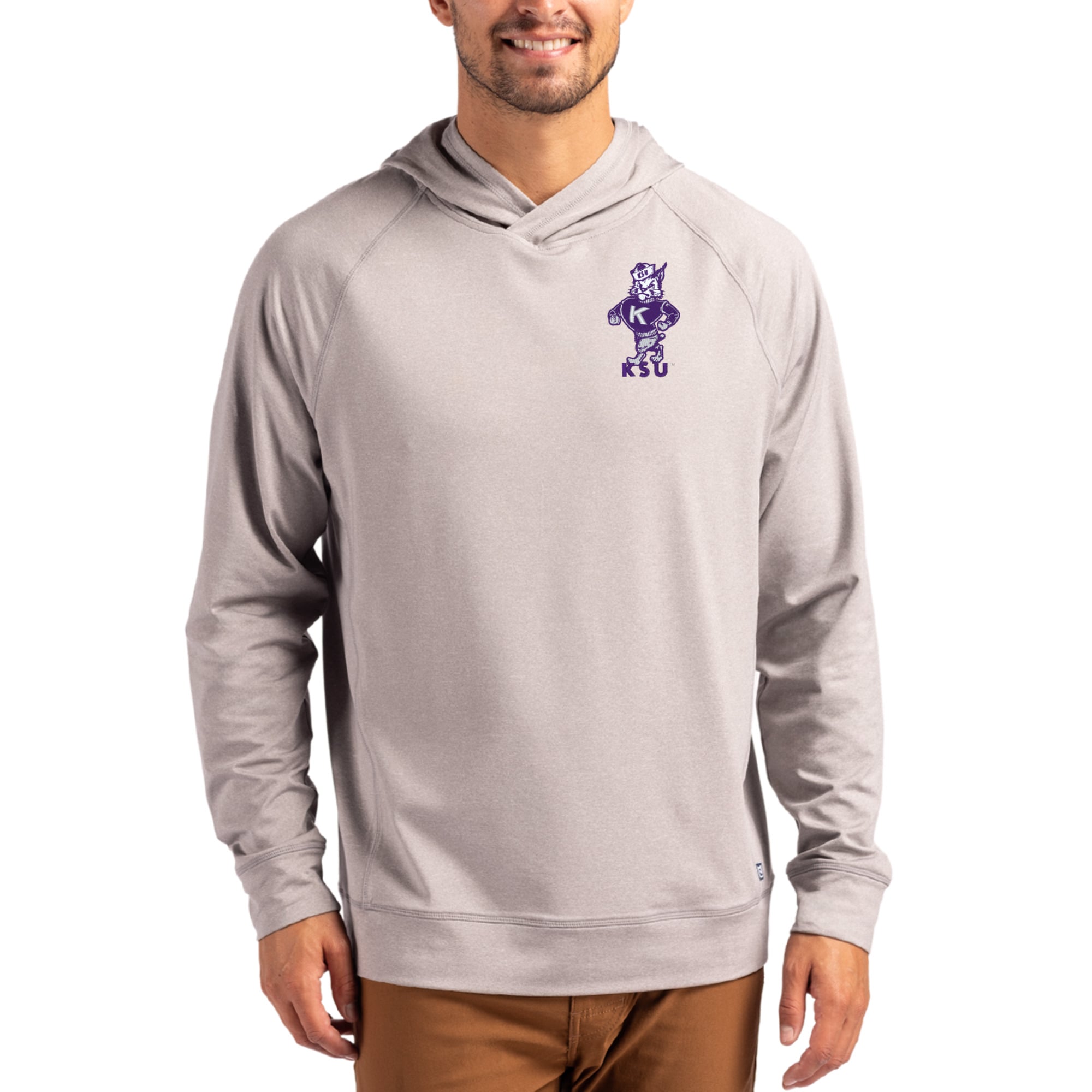 Men's Cutter & Buck Heather Gray Kansas State Wildcats Vault Logo Adapt Knit Raglan Pullover Hoodie