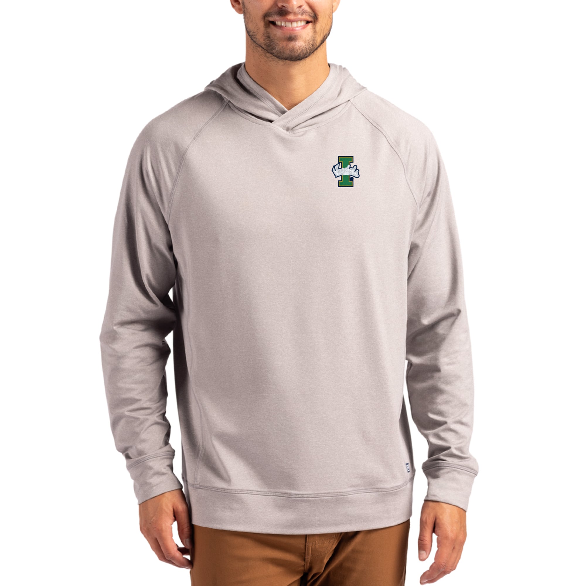 Men's Cutter & Buck Heather Gray Idaho Vandals Primary Logo Adapt Knit Raglan Pullover Hoodie