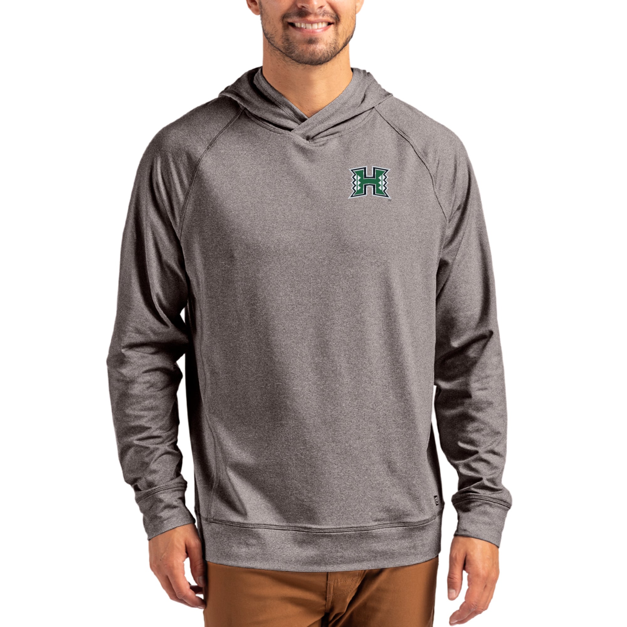 Men's Cutter & Buck Heather Charcoal Hawaii Rainbow Warriors Primary Logo Adapt Knit Raglan Pullover Hoodie