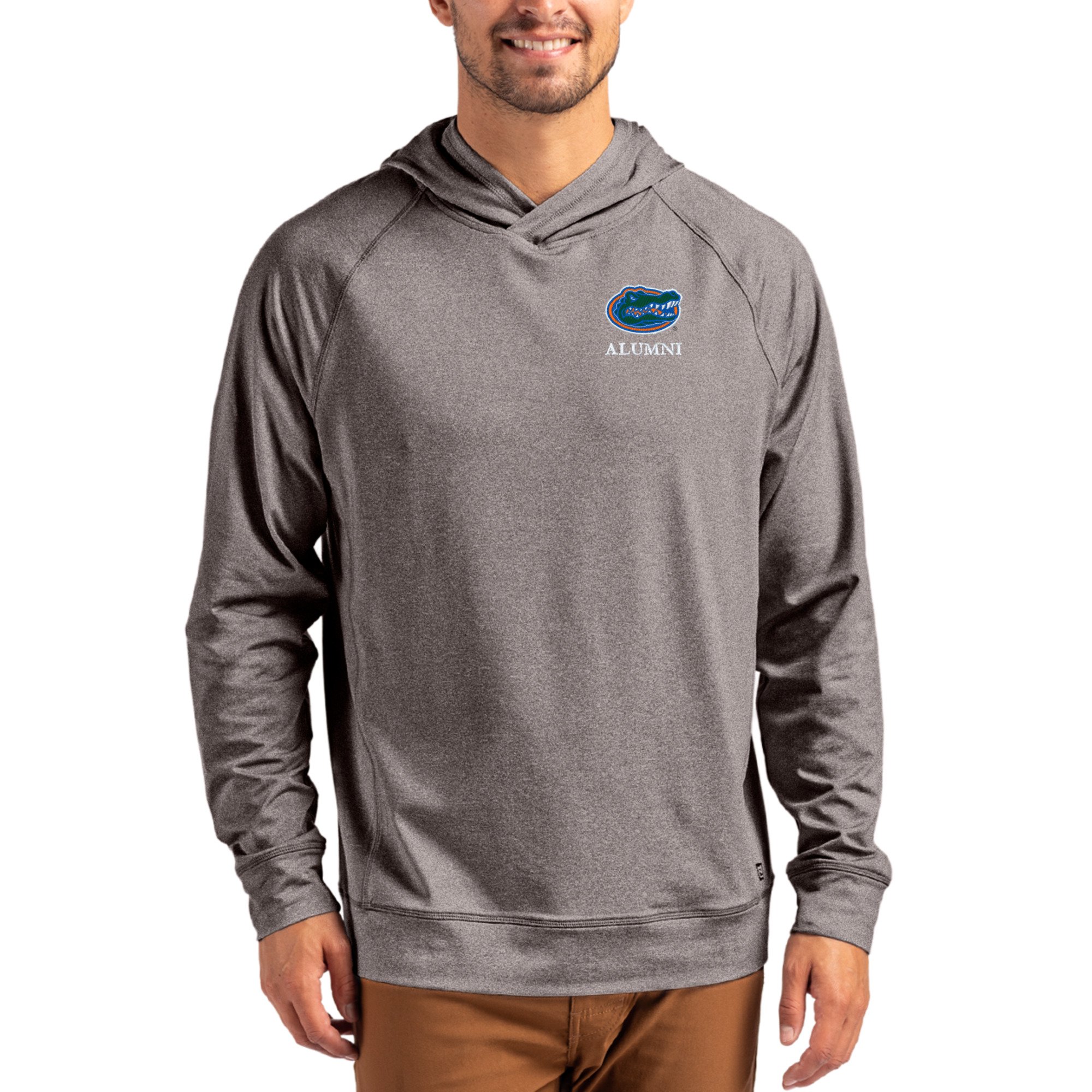 Men's Cutter & Buck Heather Charcoal Florida Gators Alumni Logo Adapt Knit Raglan Pullover Hoodie