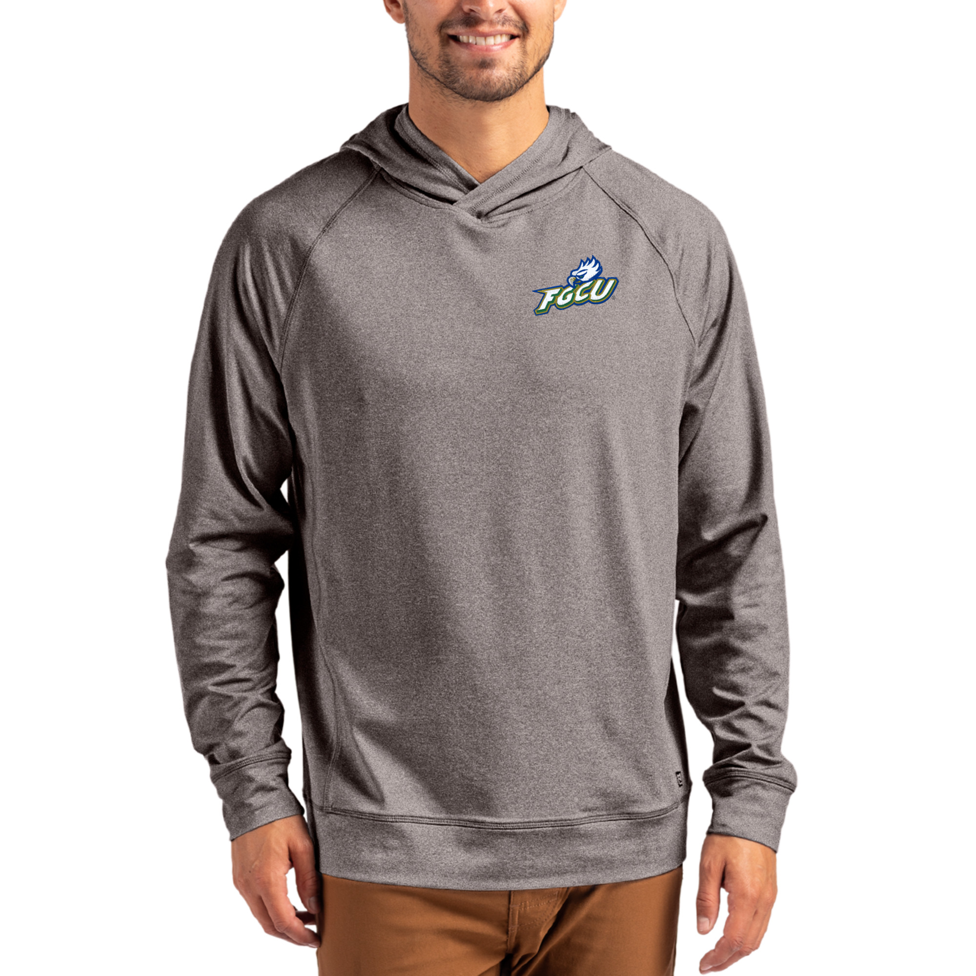 Men's Cutter & Buck Heather Charcoal Florida Gulf Coast Eagles Primary Logo Adapt Knit Raglan Pullover Hoodie