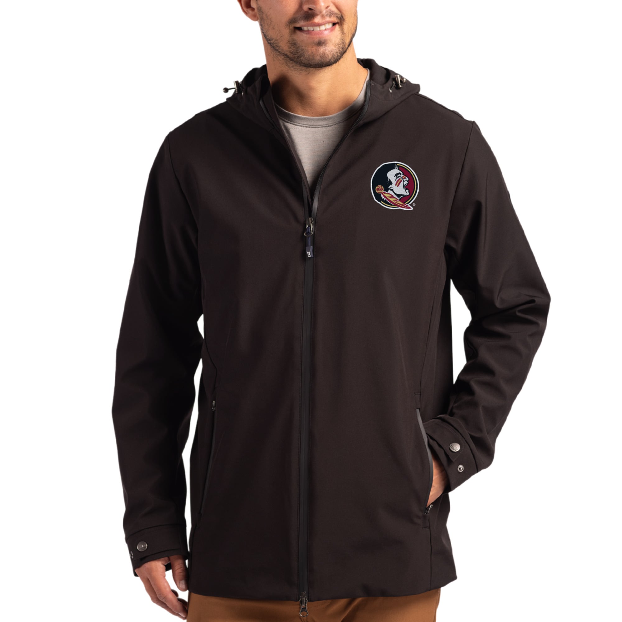 Men's Cutter & Buck Florida State Seminoles Primary Logo Camano Everyday Stretch Water-Resistant Full-Zip Jacket