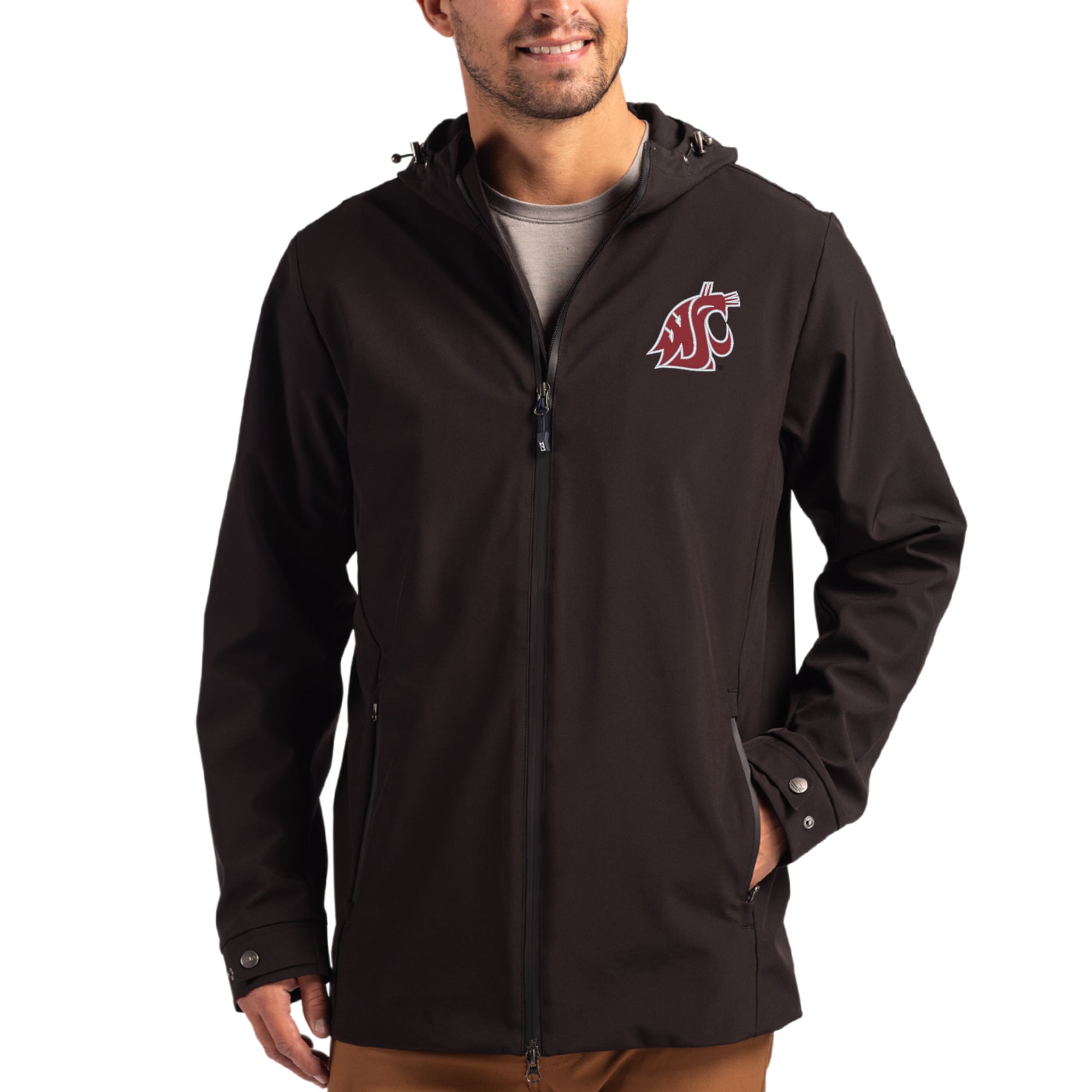 Men's Cutter & Buck Washington State Cougars Primary Logo Camano Everyday Stretch Water-Resistant Full-Zip Jacket