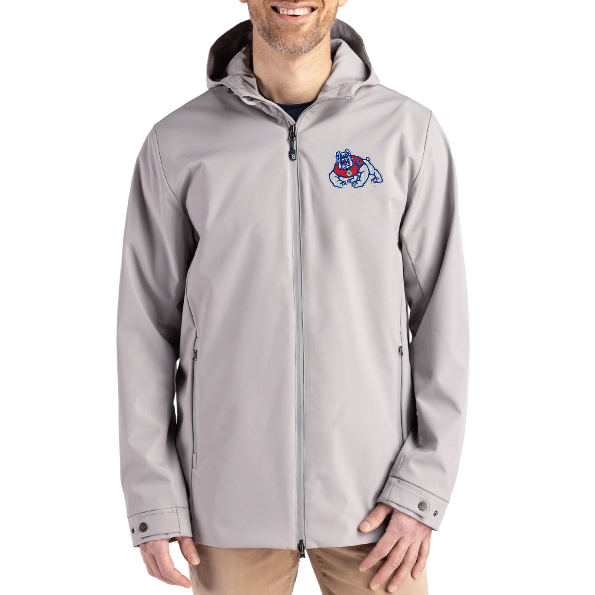 Men's Cutter & Buck  Gray Fresno State Bulldogs Primary Logo Camano Everyday Stretch Water-Resistant Full-Zip Jacket