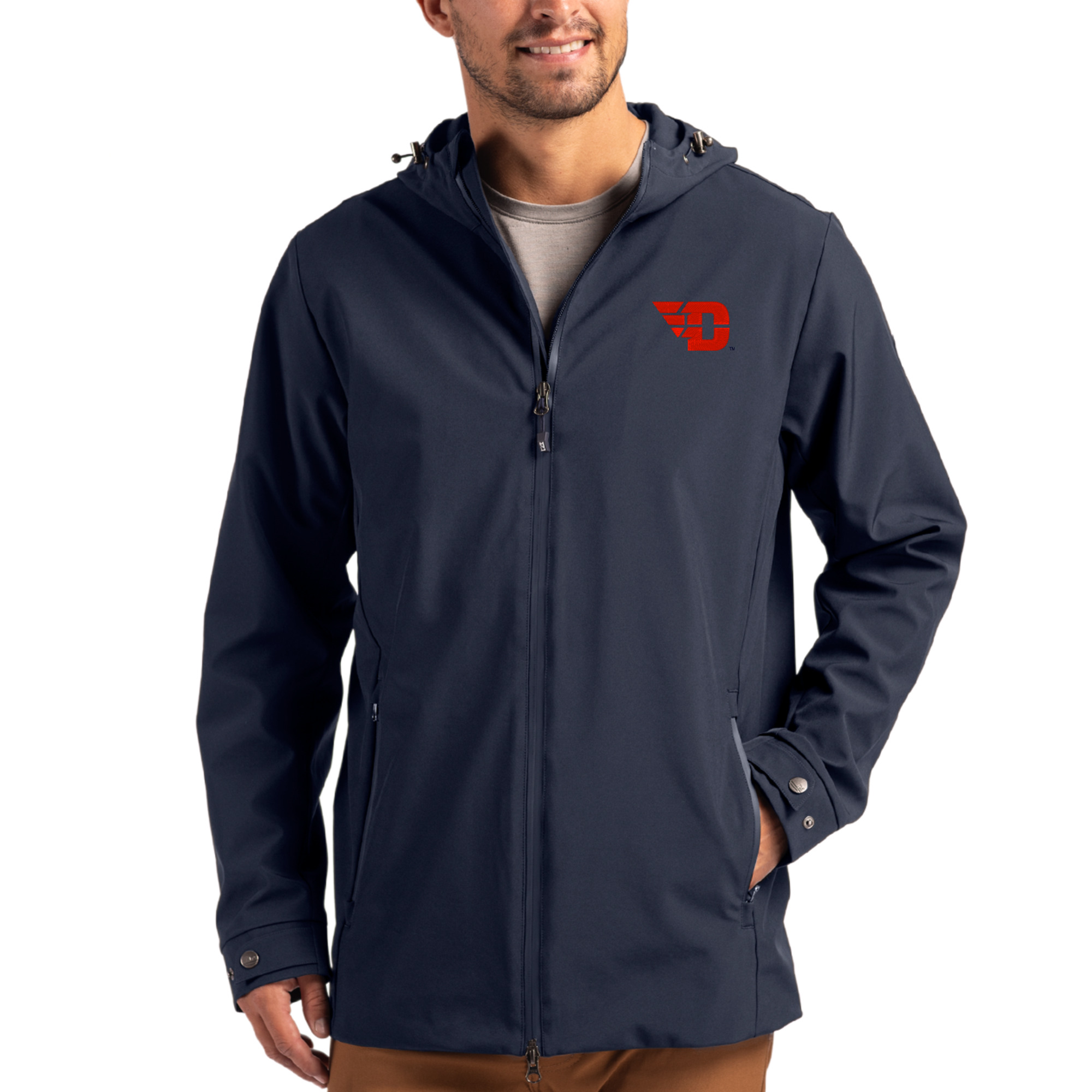 Men's Cutter & Buck  Navy Dayton Flyers Primary Logo Camano Everyday Stretch Water-Resistant Full-Zip Jacket