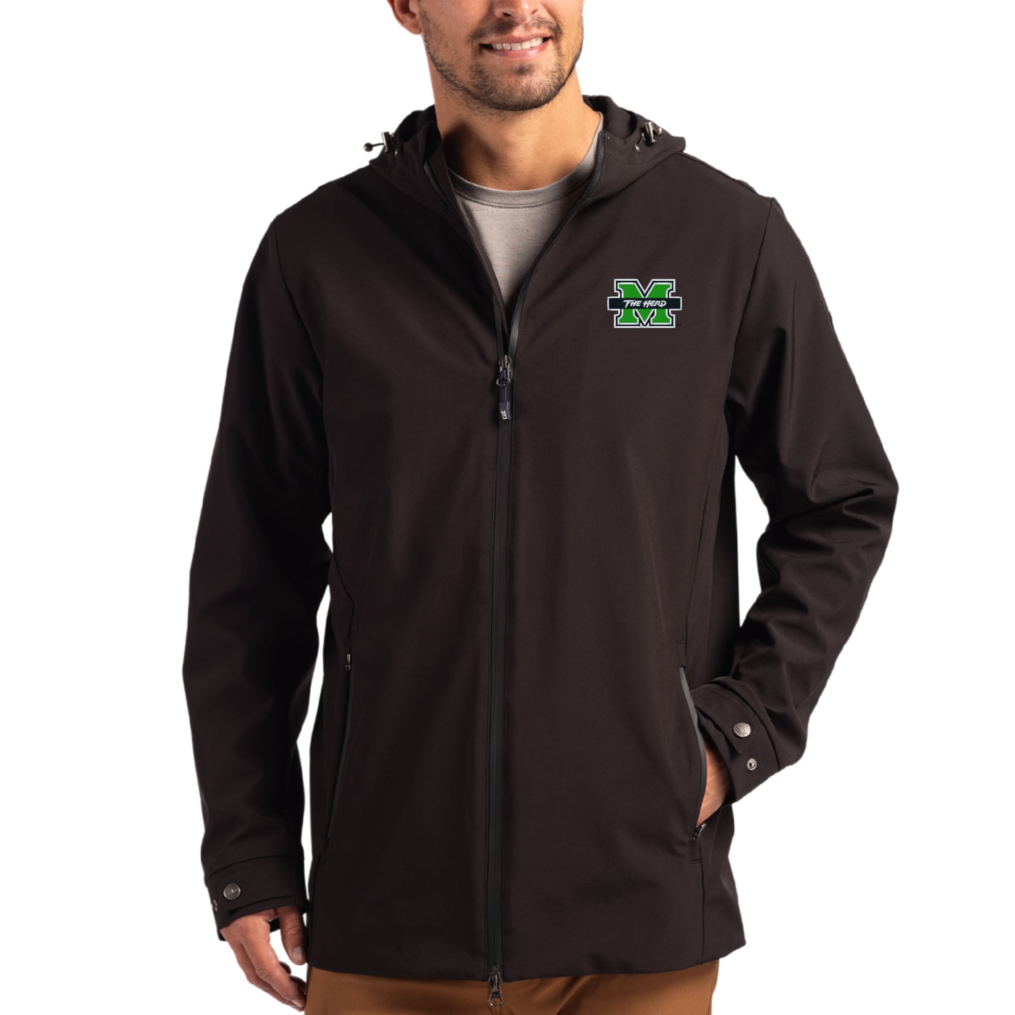 Men's Cutter & Buck Marshall Thundering Herd Primary Logo Camano Everyday Stretch Water-Resistant Full-Zip Jacket