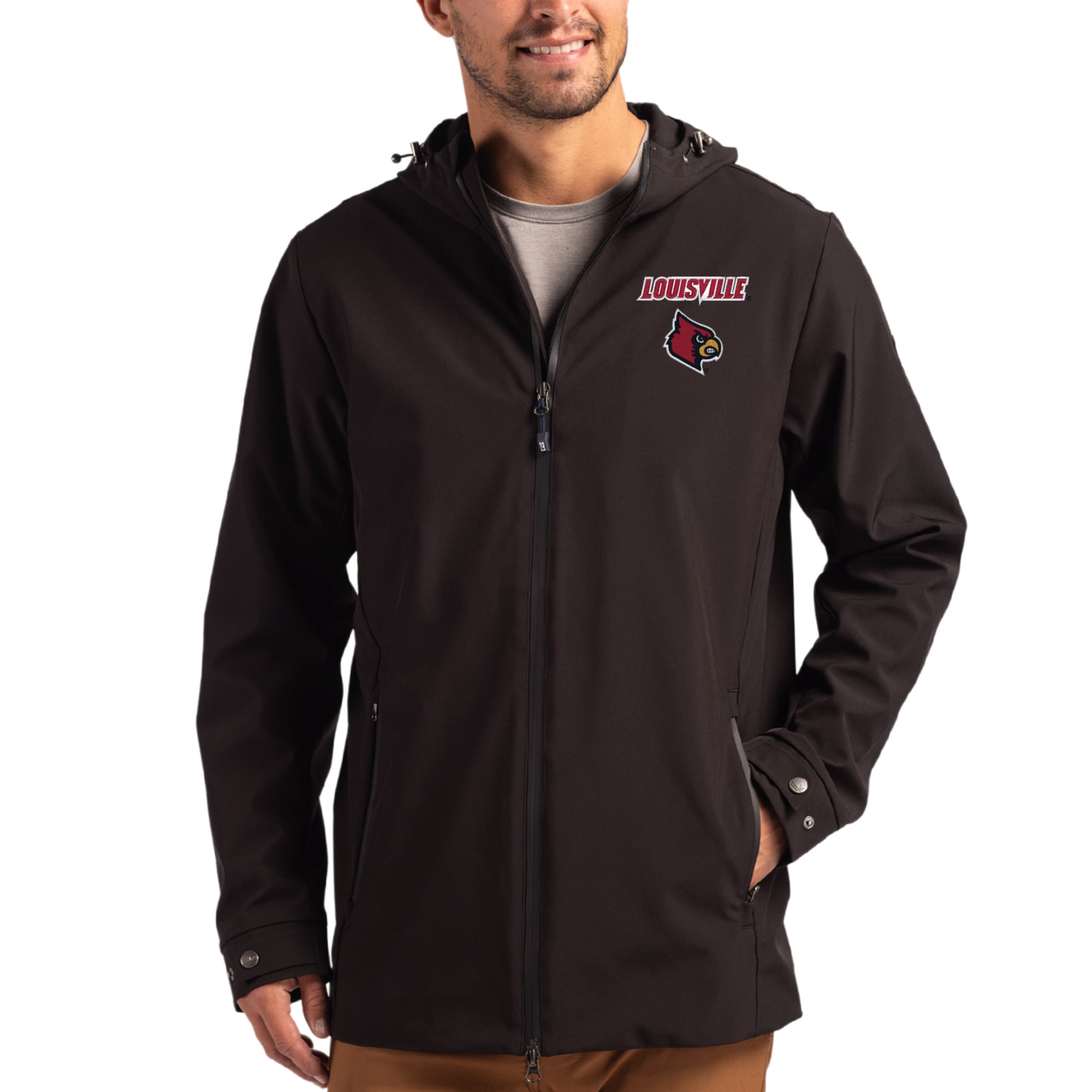 Men's Cutter & Buck Louisville Cardinals Primary Logo Camano Everyday Stretch Water-Resistant Full-Zip Jacket