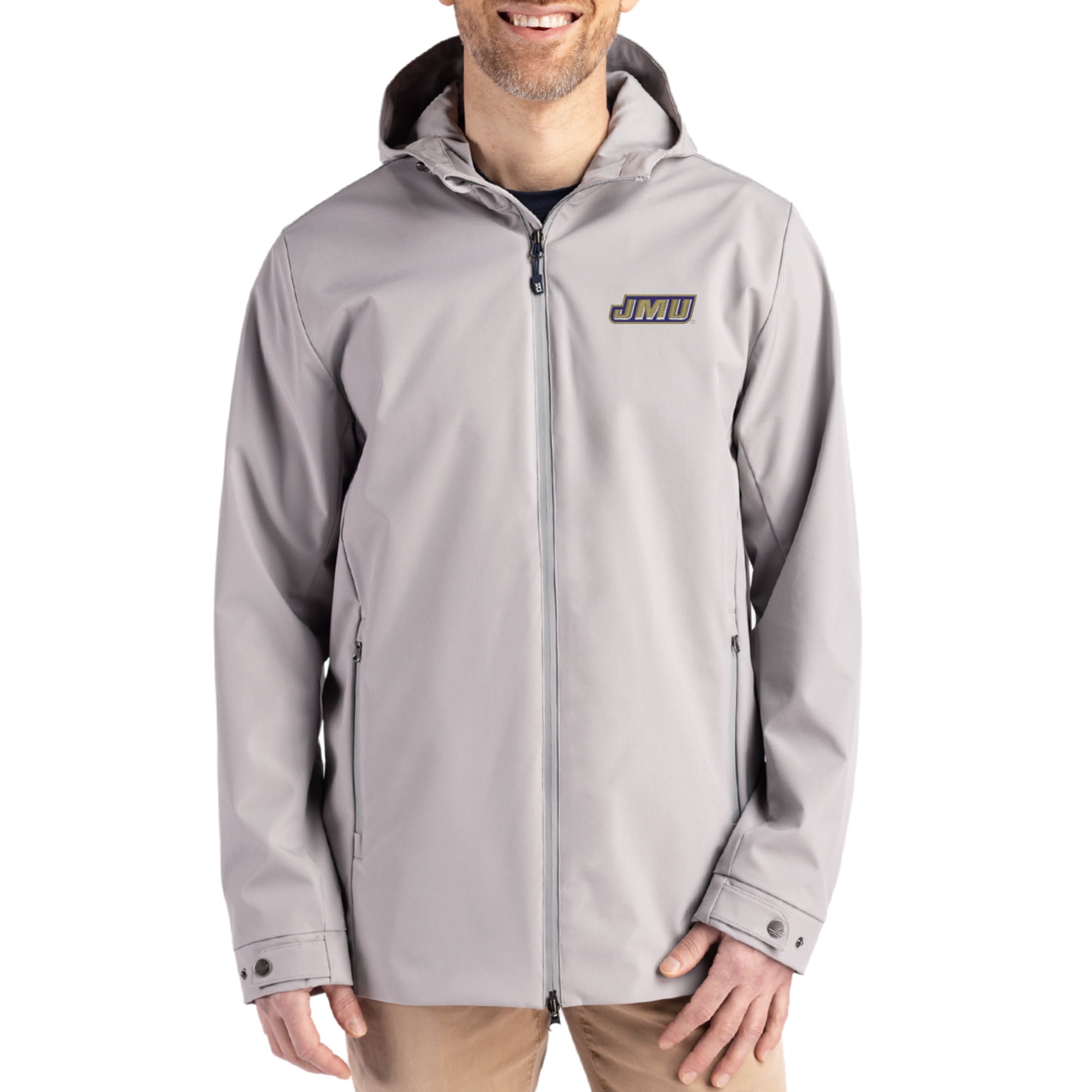Men's Cutter & Buck  Gray James Madison Dukes Primary Logo Camano Everyday Stretch Water-Resistant Full-Zip Jacket