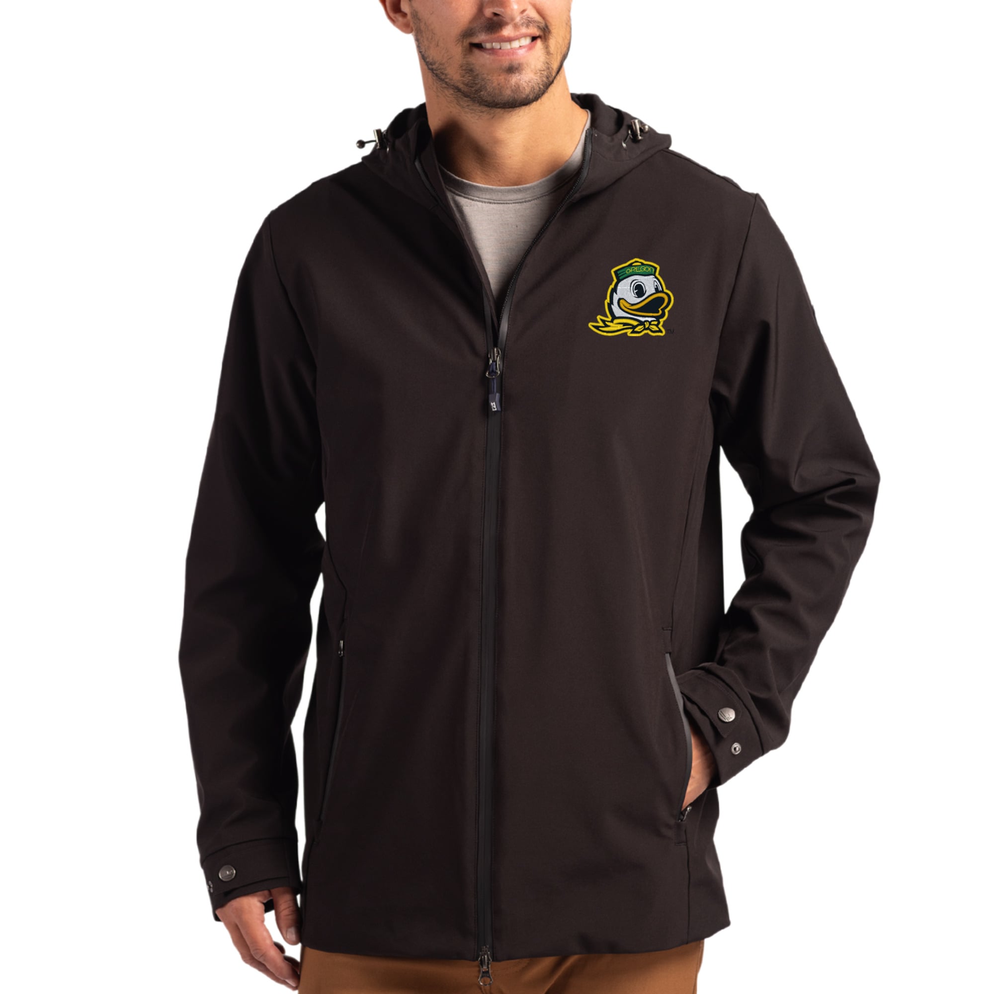 Men's Cutter & Buck Oregon Ducks Primary Logo Camano Everyday Stretch Water-Resistant Full-Zip Jacket
