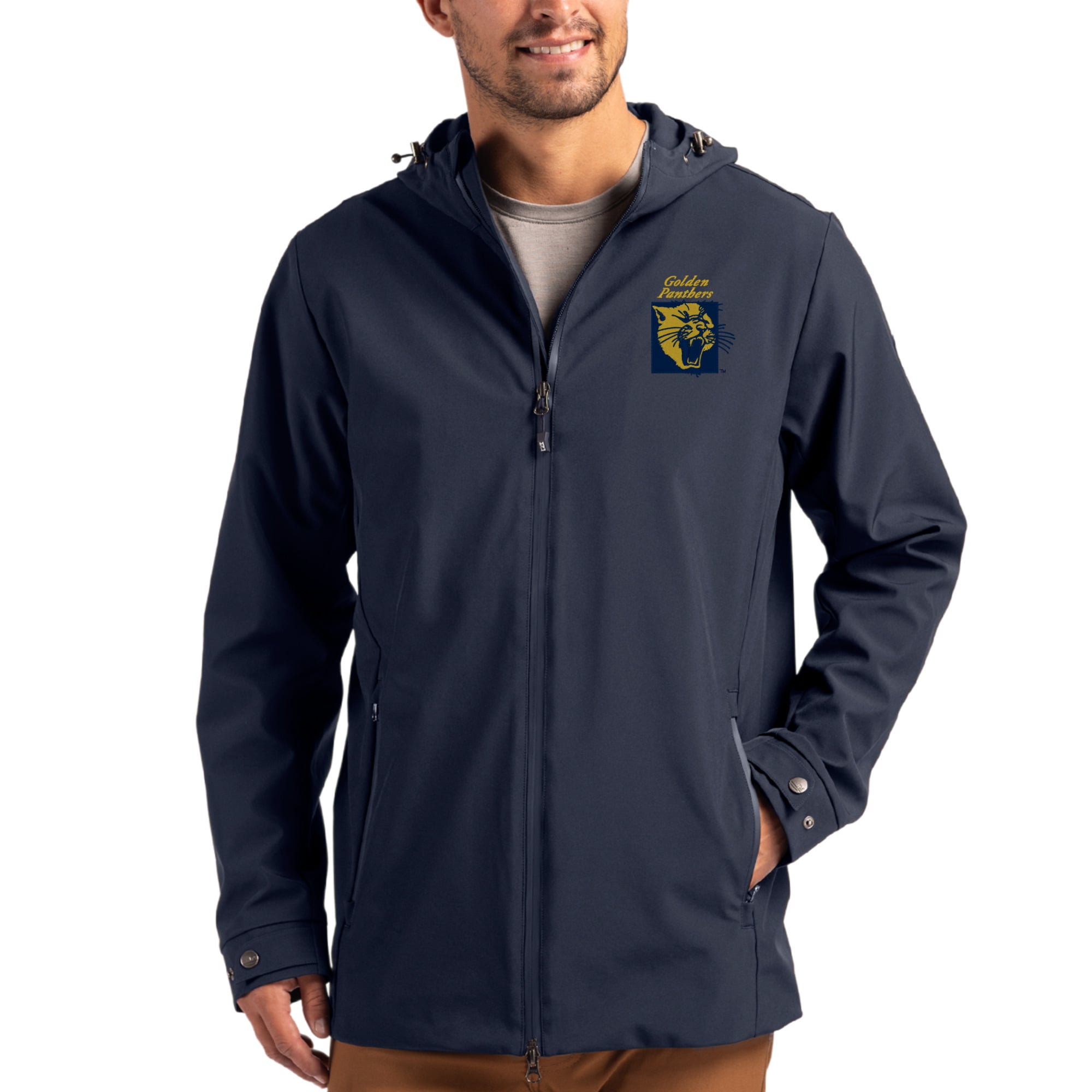 Men's Cutter & Buck  Navy FIU Panthers Vault Logo Camano Everyday Stretch Water-Resistant Full-Zip Jacket