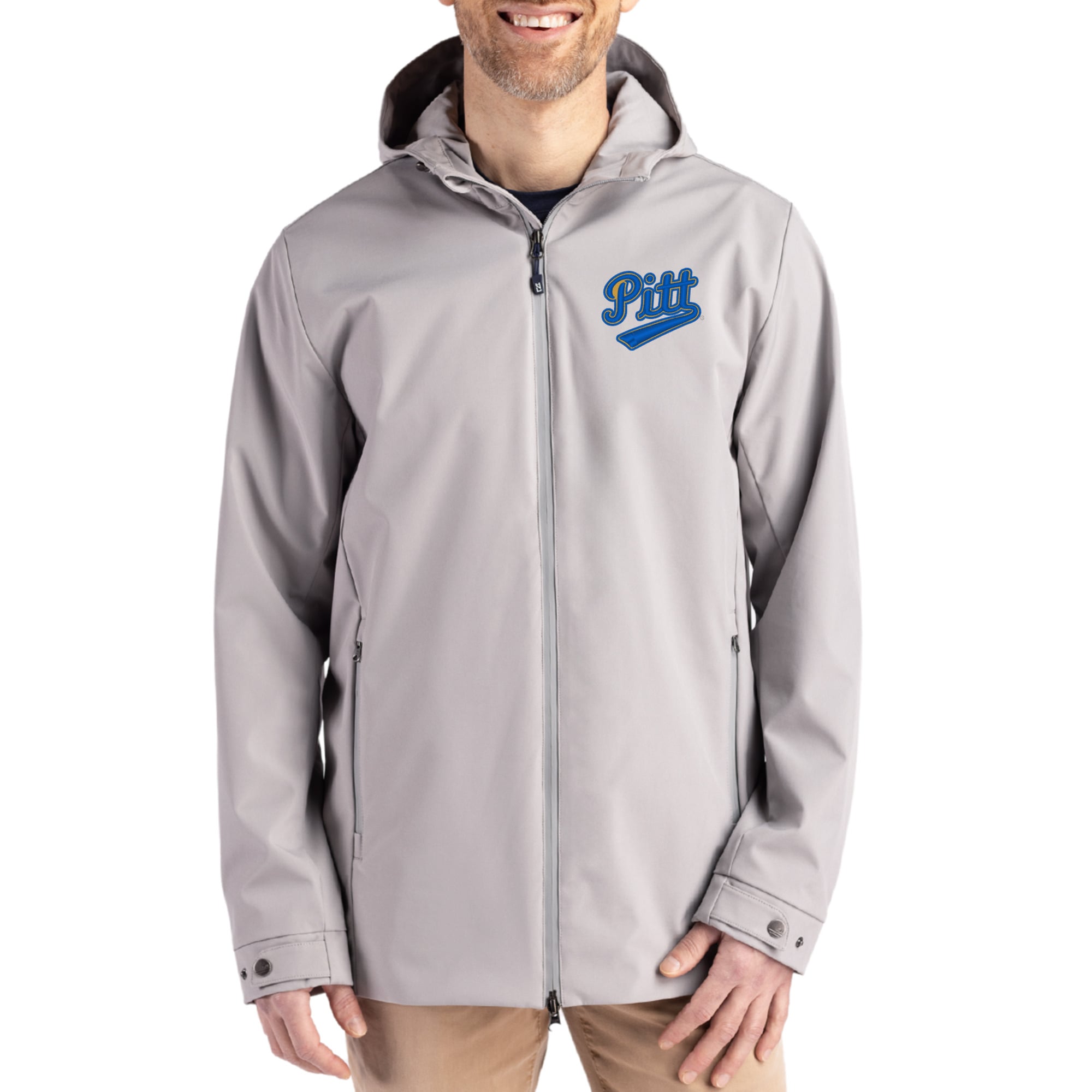 Men's Cutter & Buck  Gray Pitt Panthers Vault Logo Camano Everyday Stretch Water-Resistant Full-Zip Jacket