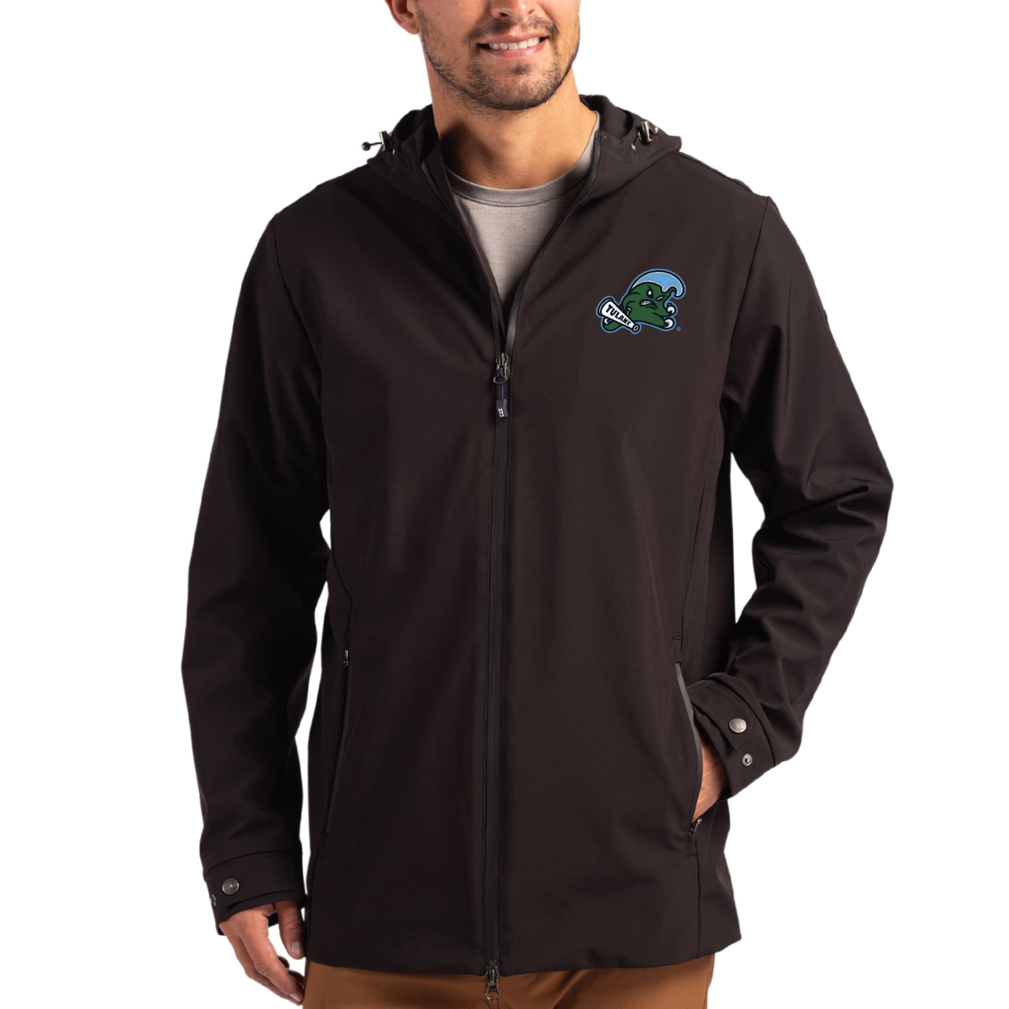 Men's Cutter & Buck Tulane Green Wave Primary Logo Camano Everyday Stretch Water-Resistant Full-Zip Jacket