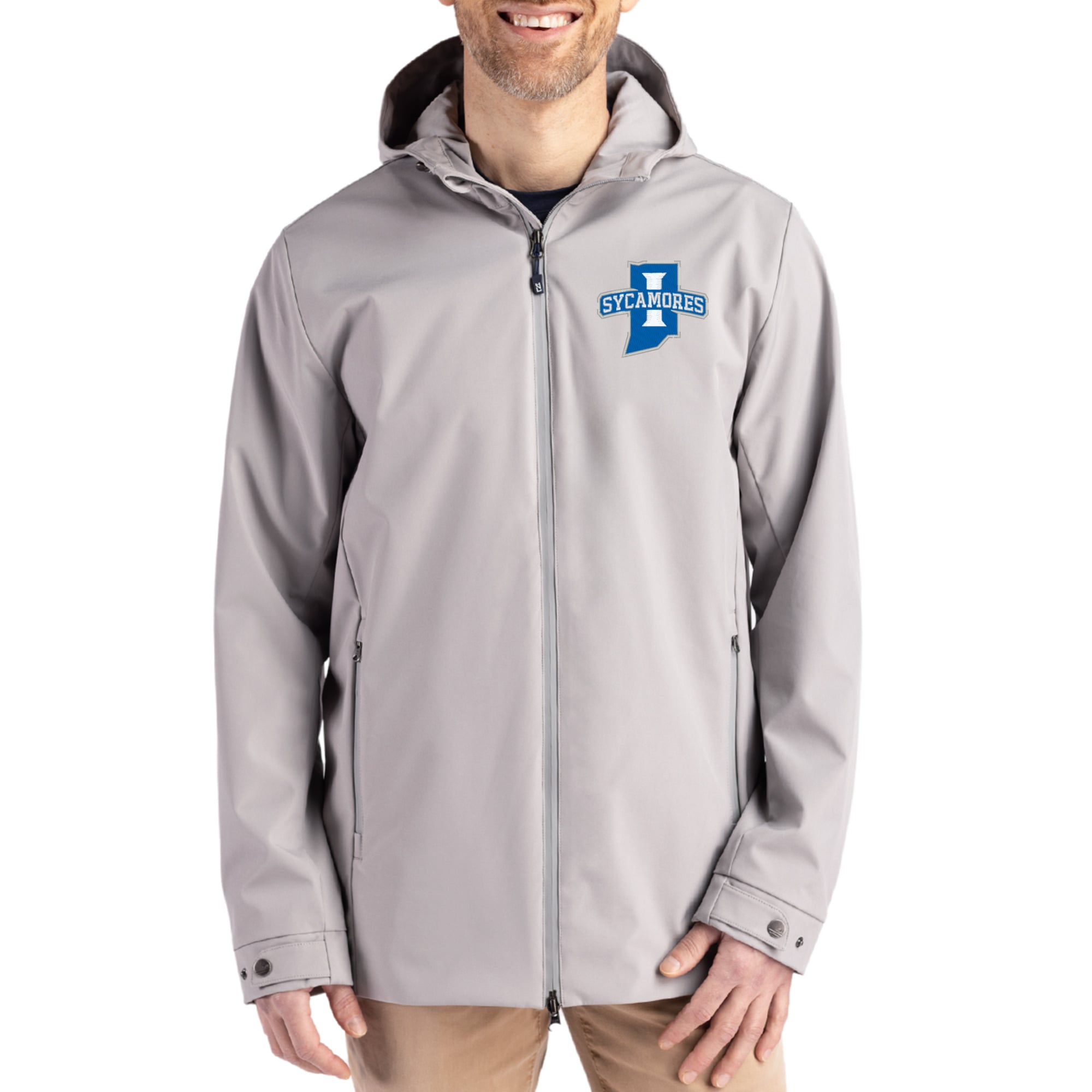 Men's Cutter & Buck Indiana State Sycamores Primary Logo Camano Everyday Stretch Water-Resistant Full-Zip Jacket